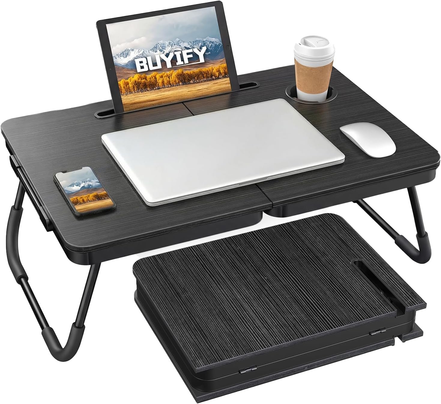 BUYIFY Foldable Laptop Bed Desk for Couch, Sofa – Large Lap Desk Tray Table with Cup Holder and Tablet Slot – Portable Notebook Stand for Eating, Writing, Studying and WFH -NEW-006