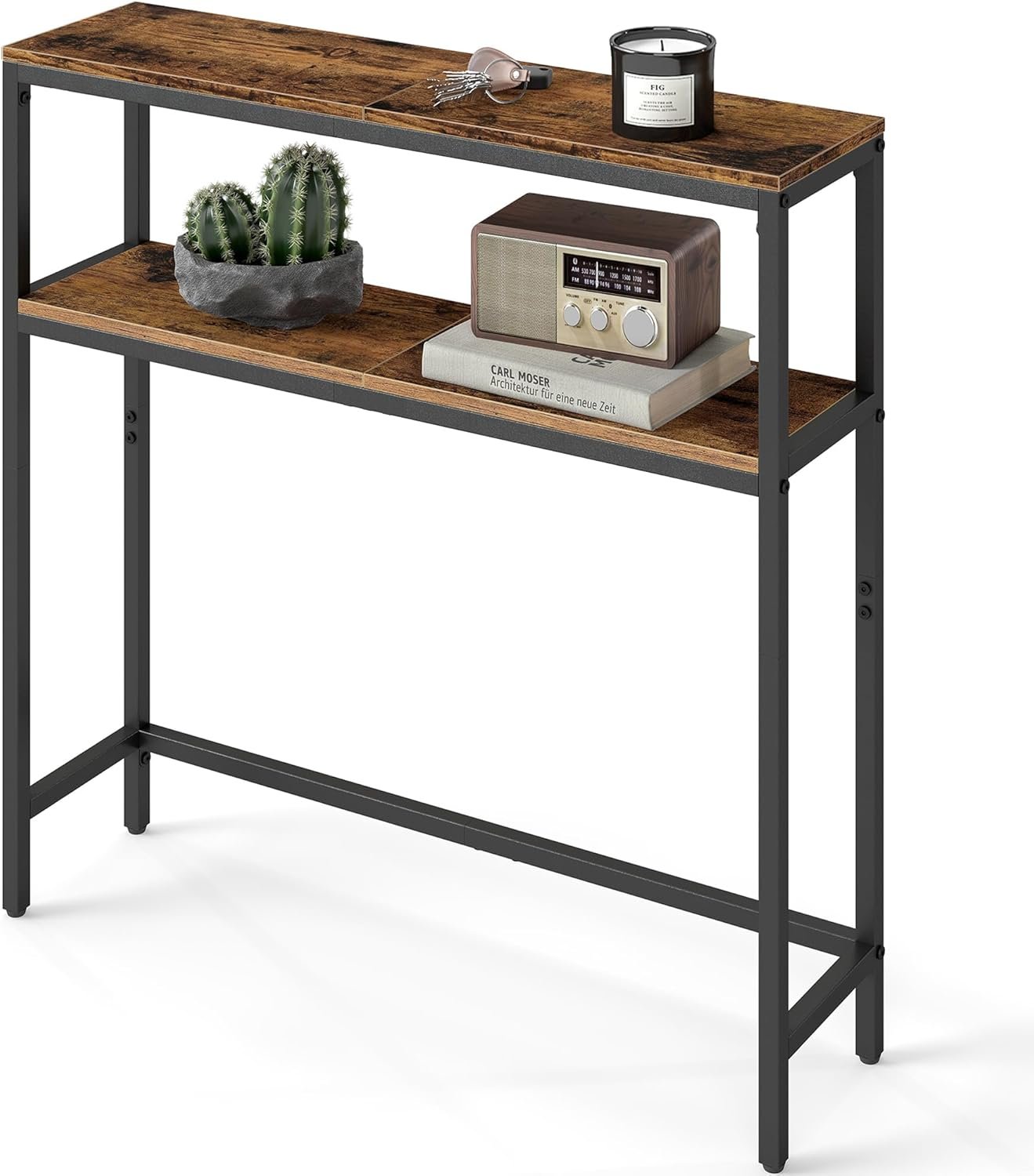 VASAGLE Console Table, 2-Tier Narrow Sofa Table with 2 Shelves, 7.9 x 31.5 x 31.5 Inches, for Living Room, Hallway, Entryway, Rustic Brown and Ink Black ULNT130K01V1