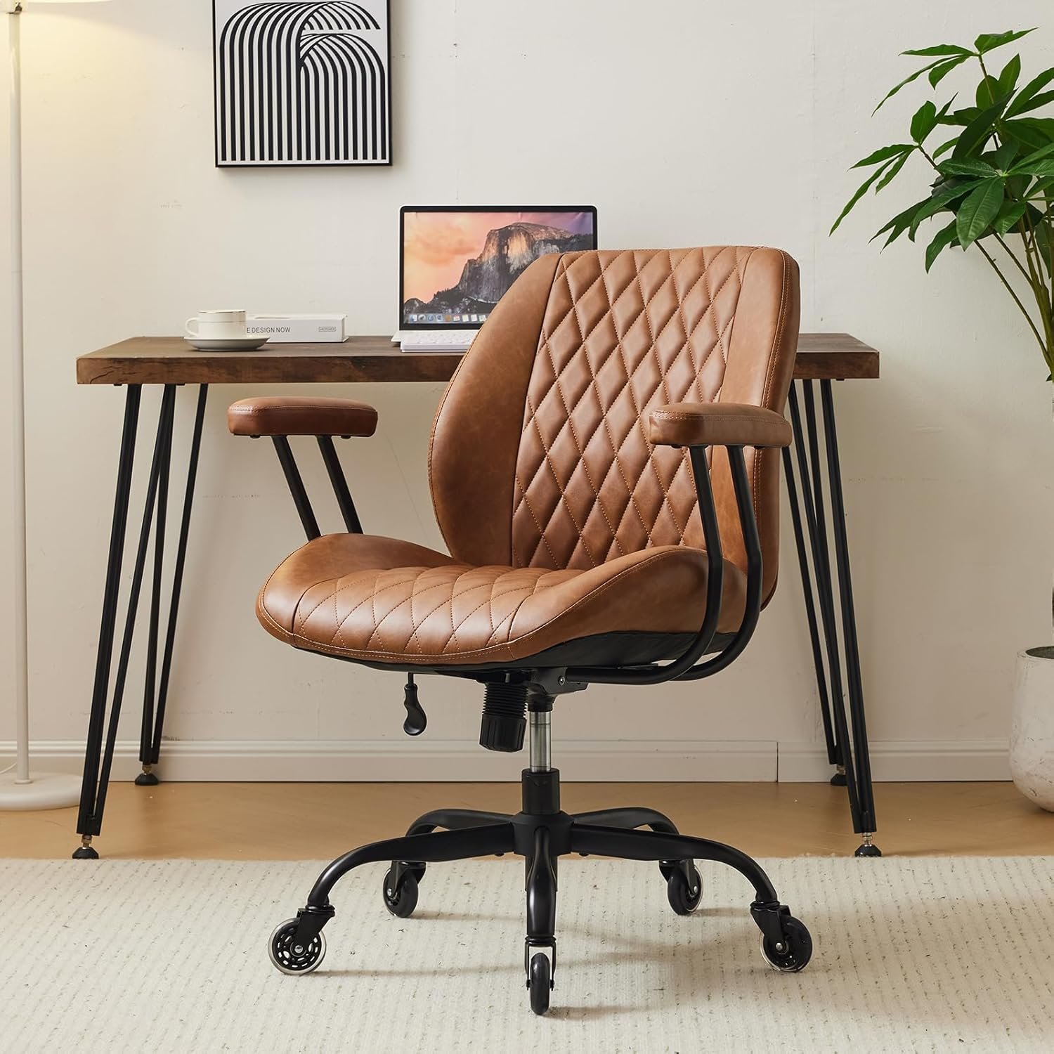 YFO Home Office Desk Chair Office Rubber Casters Ergonomic Computer Chair with Lumbar Support Adjustable Height Rolling Swivel Executive Task Armrests Chair， Brown Leather