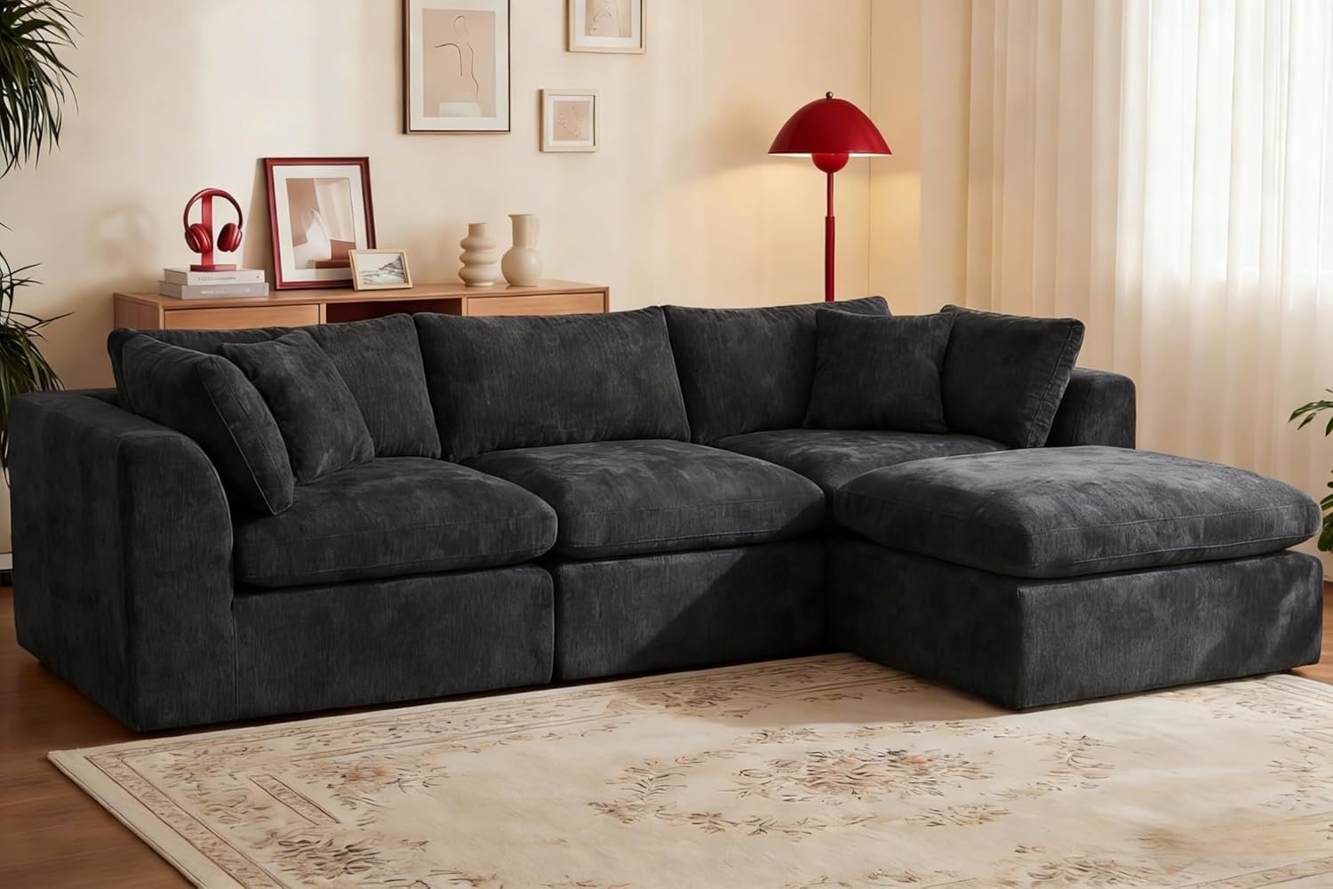 110” Oversized Cloud Sectional Boneless Couch for Living Room, Modern Big Compressed L Shape Couch with Ottoman & 2 Throw Pillows, Comfy Chenille Deep Seat Memory Foam Spineless 4 Seater Sofa,Black | No Assembly Needed