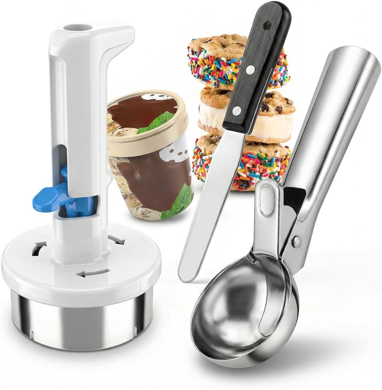 3Pcs Ice Cream Sandwich Maker Kit, Includes Stainless Steel Ice Cream Sandwich Maker, Ice Cream Scoop and Spatula, Easy Release DIY Dessert Tools for Kitchen