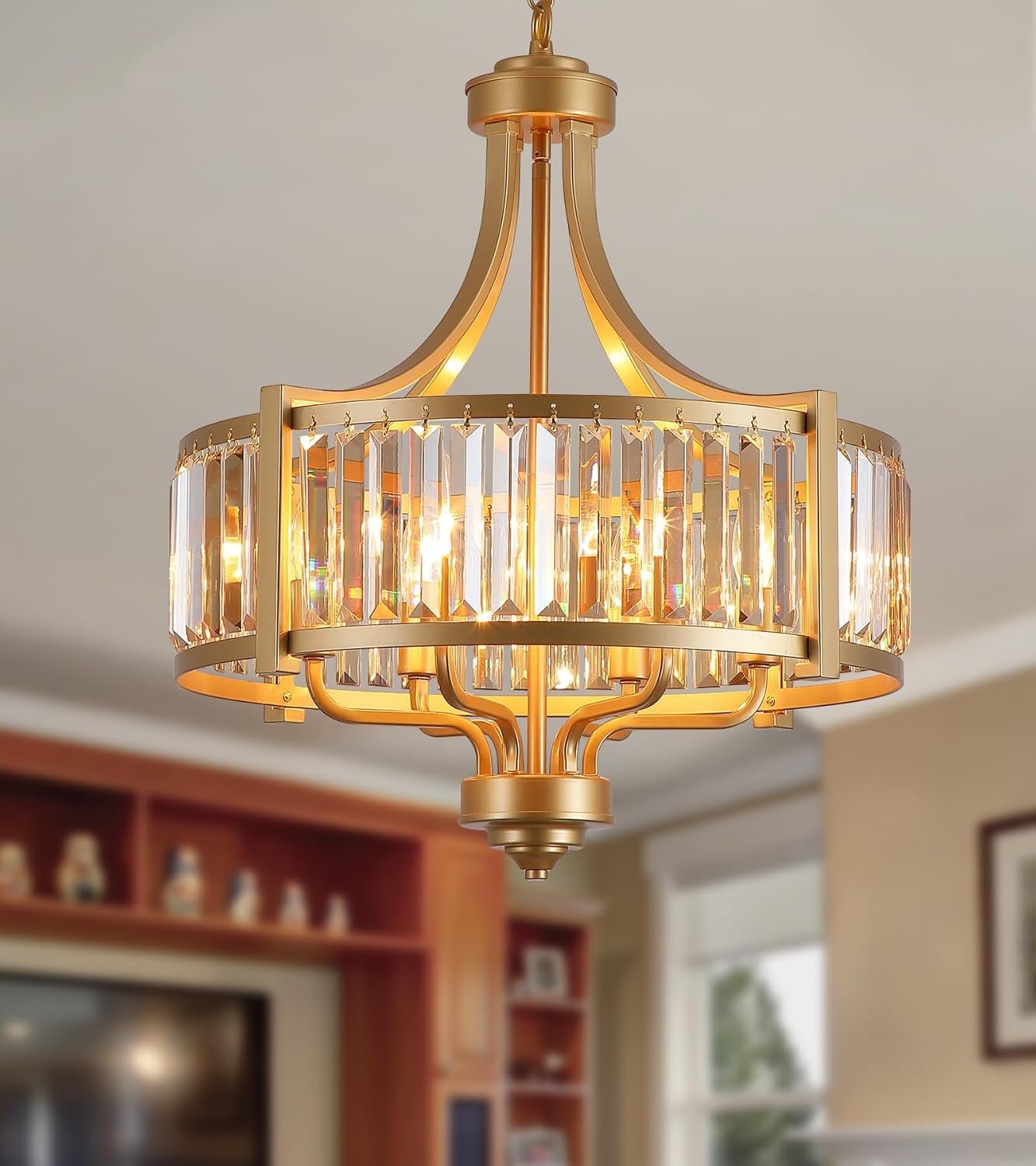 MEIXISUE Gold Crystal Chandelier for Dining Room,Modern Farmhouse Hanging Light Fixture, Gold Crystal Chandelier for Foyer Kitchen Island Living,Room Bedroom Entryway, Gold Antique Adjustable Height