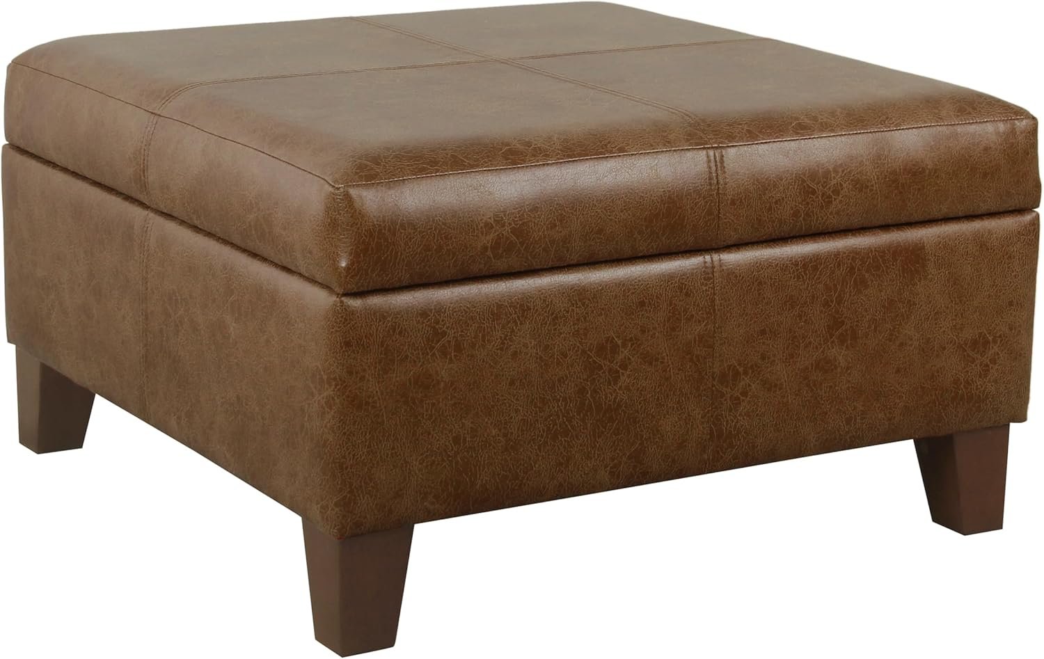 HomePop Faux Leather Square Storage Ottoman with Wood Legs, Brown