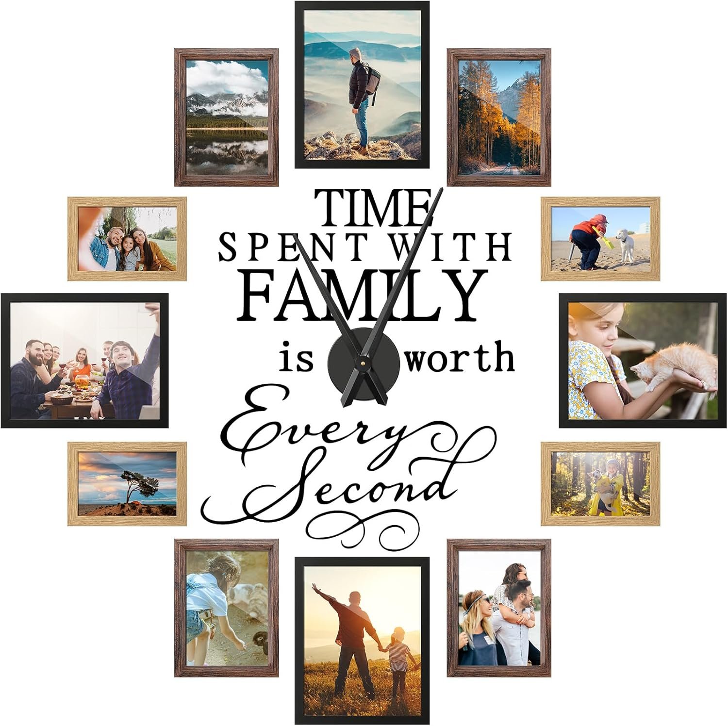 Briwooody Family Photo Clock Frame Wall Decor for Living Room, Family Picture Frame Clock Quote Art Wall Stickers Kit, Housewarming Gifts, Room Decor(8×10, 5×7, 4×6 Inch,Black, Brown)