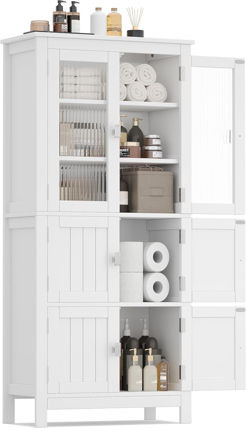 Akxomel 53.1″ H Tall Bathroom Storage Cabinet, Bathroom Floor Cabinet with 6 Doors and Adjustable Shlef, Linen Cabinet, Pantry Cabinet for Living Room, Kitchen, Entryway, White