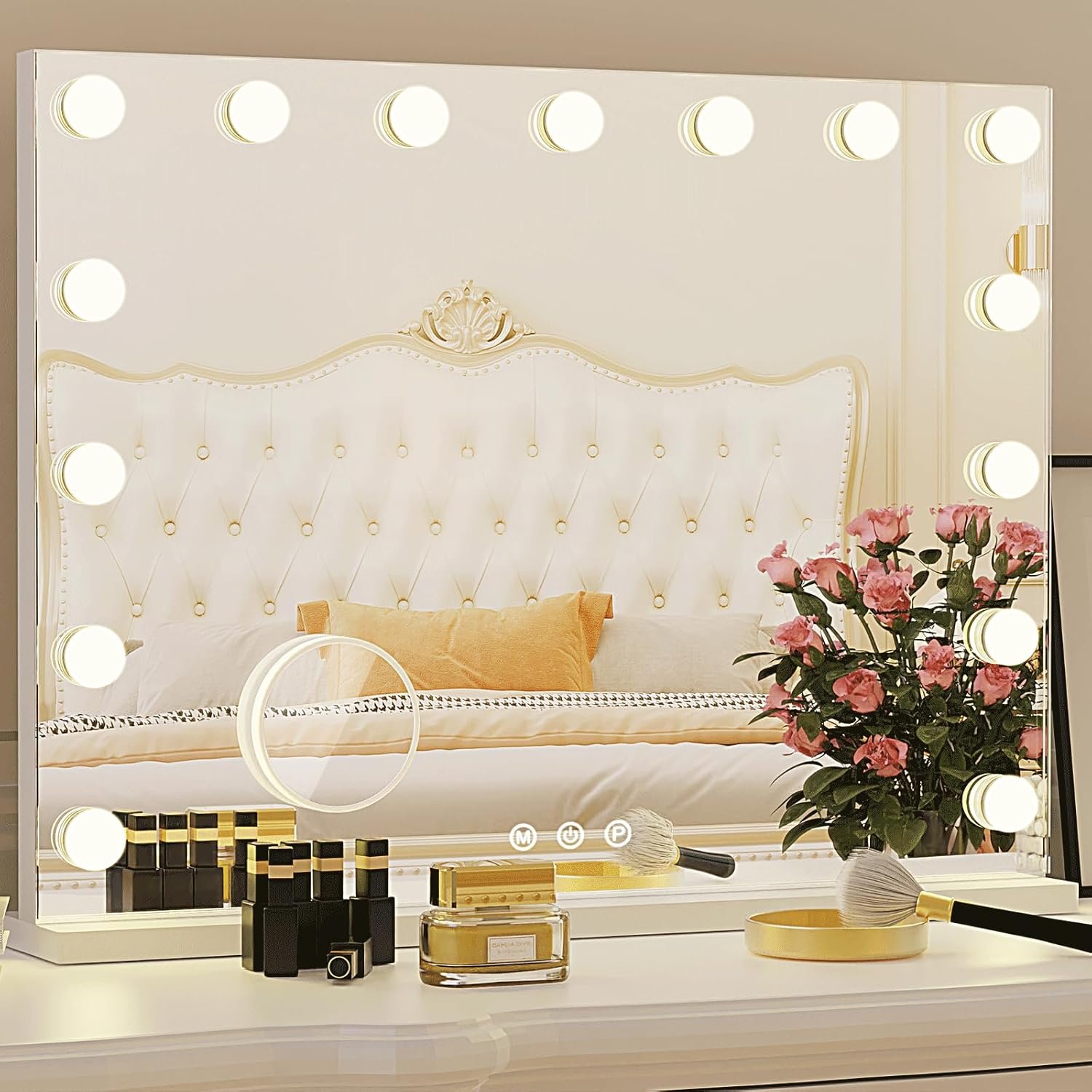 Hollywood Vanity Mirror with Lights, 15 Light Bulbs，3 Color Lights，Make Up Lighted Mirror, Aluminum Metal Frame,USB Charging Port（23″ x 18″）