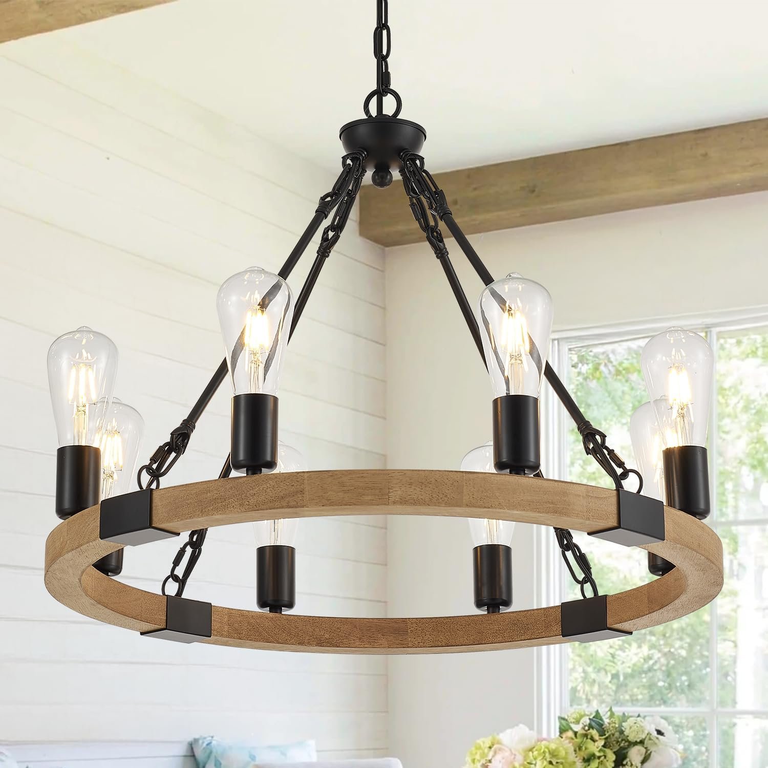 8 Lights Wooden Wagon Wheel Chandelier 23.6” Natural Farmhouse, Black Metal Ceiling Pendant Light Industrial Vintage Rustic Round Wood Chandeliers for Living Dining Room Entryway Foyer