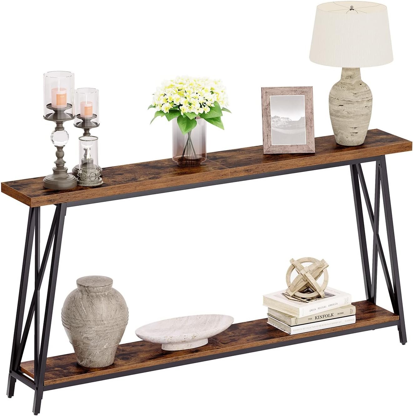 MAHANCRIS Console Table for Entryway, 63″ Industrial Entryway Table, 2-Tier Extra Long Sofa Table Behind Couch, X-Shaped Support, for Entryway, Hallway, Living Room, Rustic Brown CTHR4801Z