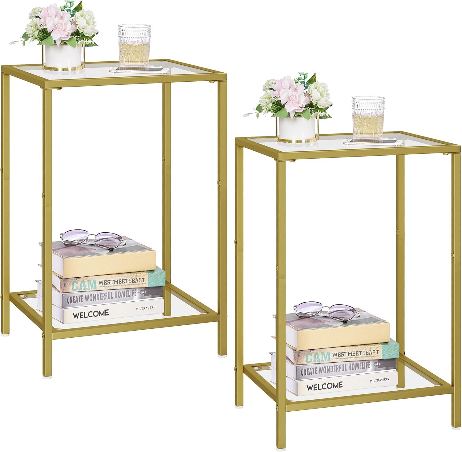 HOMSHO Side Tables Set of 2, End Tables with Tempered Glass, 2-Tier Nightstands with Storage Shelves, Coffee Table with Modern Style, Slim Sofa Table for Living Room, Bedroom, 11.8″ D x 15″ W, Gold