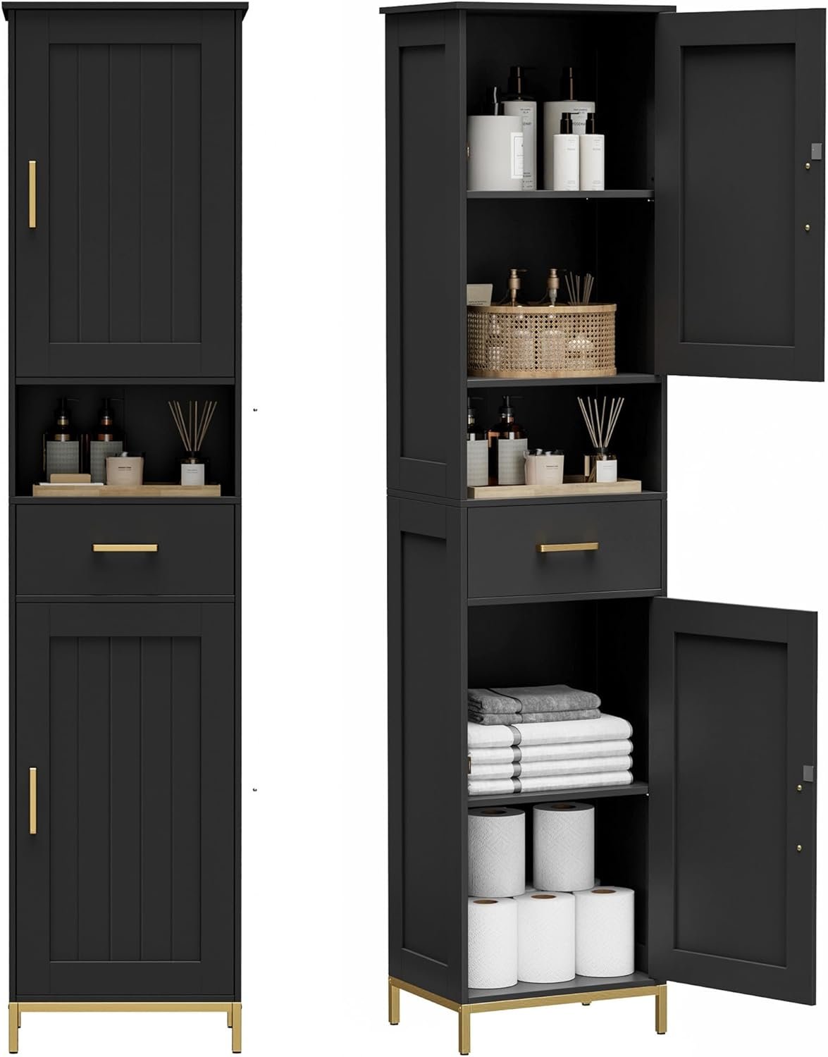 Homhedy 67″ H Bathroom Storage Cabinet, Tall Storage Cabinet with Adjustable Shelves, Freestanding Cabinet with Doors and Drawer, Narrow Cabinet for Bathroom, Living Room, Kitchen, Dining Room, Black