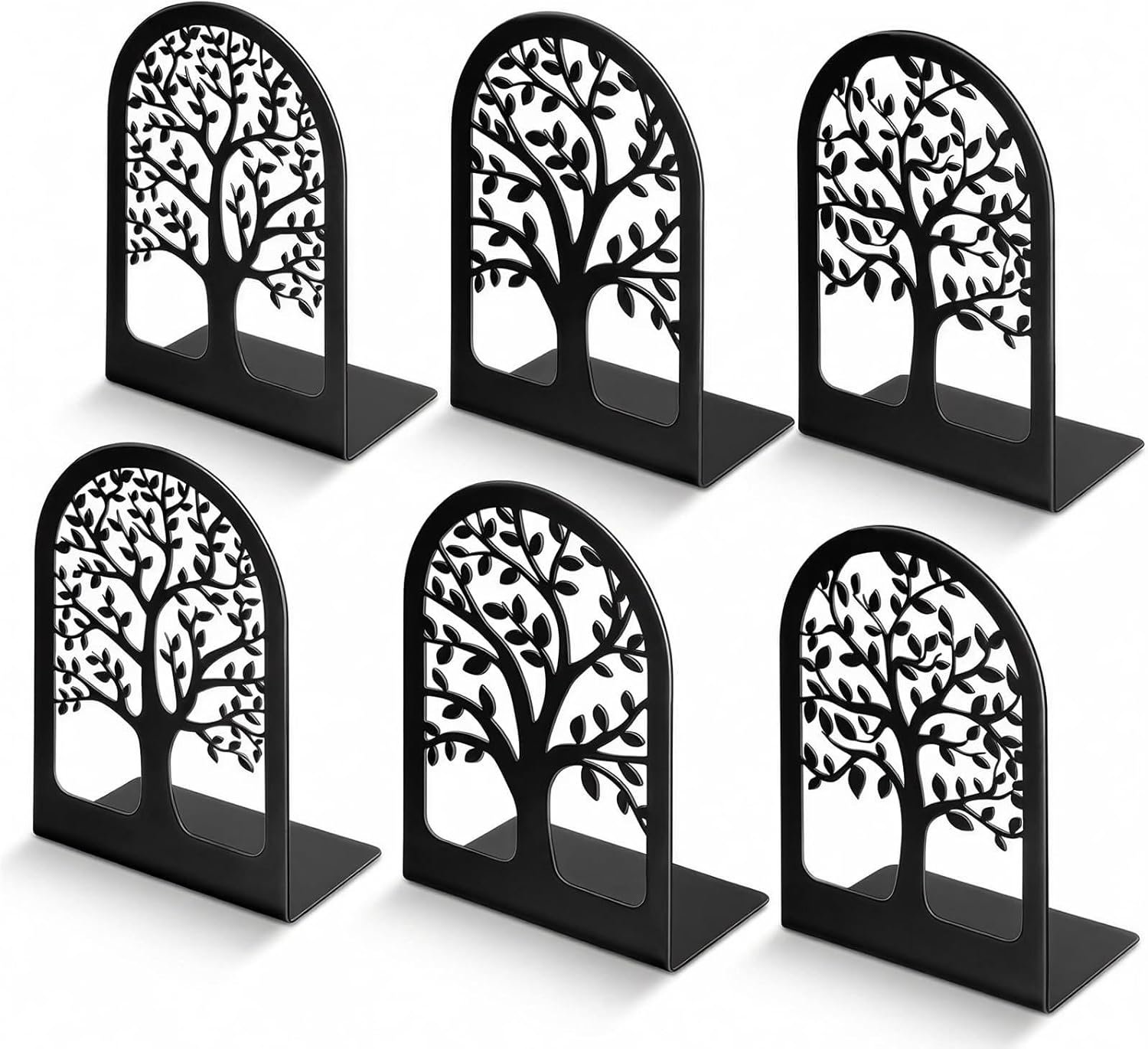 HappyHapi Book Ends, Metal Bookends for Shelves Decorative, Tree Stopper for Heavy Books, Black Ends to Hold Books for Home Office, 6.5 X 4.7 X 3.5 Inch(3 Pairs/6 Pcs, Large)