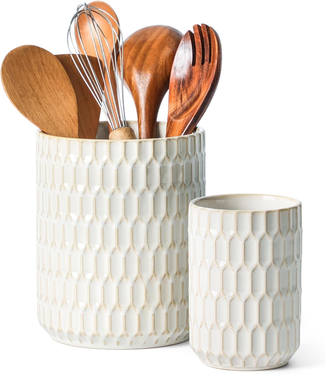 Utensil Holder, 7.5″+5.3″ Ceramic Kitchen Utensil Holder for Countertop, Large Cooking Utensil Crock for Kitchen Counter, Set of 2, Beige