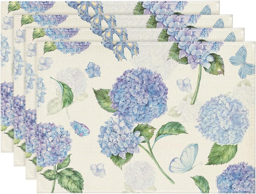 Artoid Mode Hydrangea Butterfly Spring Placemats Set of 4, 12×18 Inch Seasonal Summer Holiday Table Mats for Party Kitchen Dining Decoration