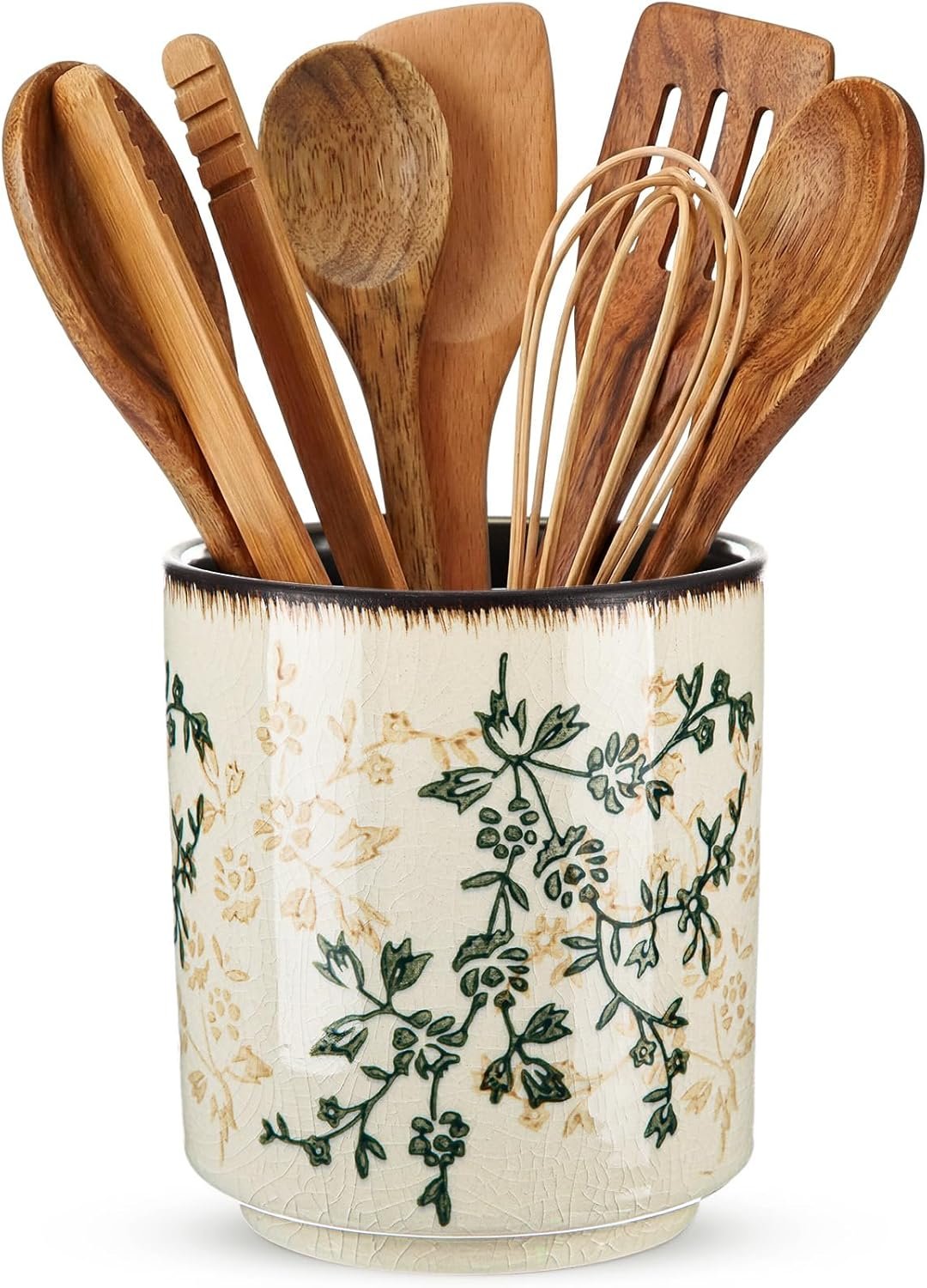 Kitchen Ceramic Utensil Holder Rustic 5.5″ Green Floral Utensil Crock for Countertop Tuscany Cooking Tools Storage Caddy for Spatula Spoon Farmhouse Decor Housewarming Gift