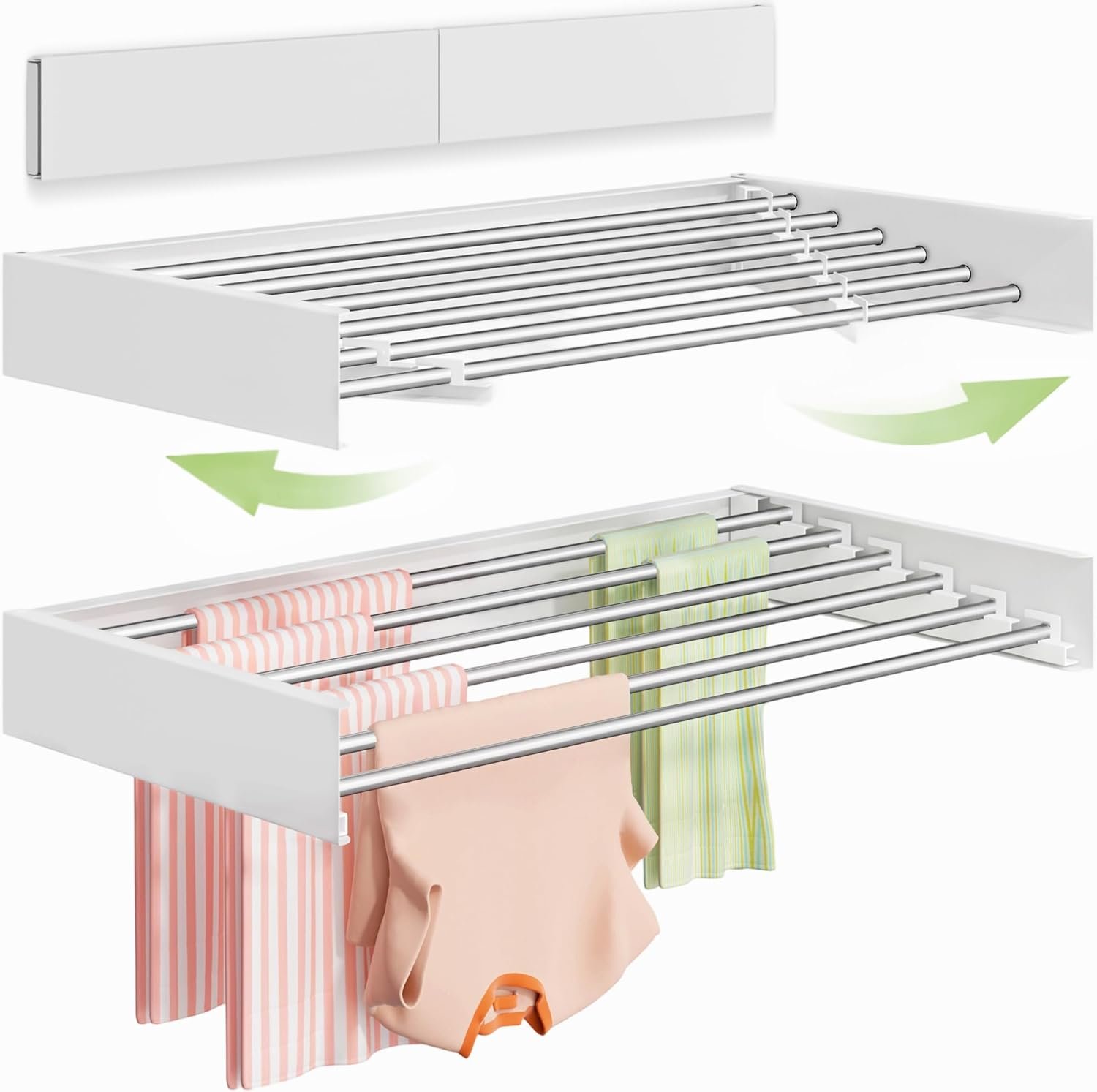 Vikaqi Wall Mounted Clothes Drying Rack 40 inches, Foldable Wall Mount Laundry Rack Folding Indoor, Drying Rack Clothing Collapsible, Hidden Space Saver with Wall Template, 6 Rods, White