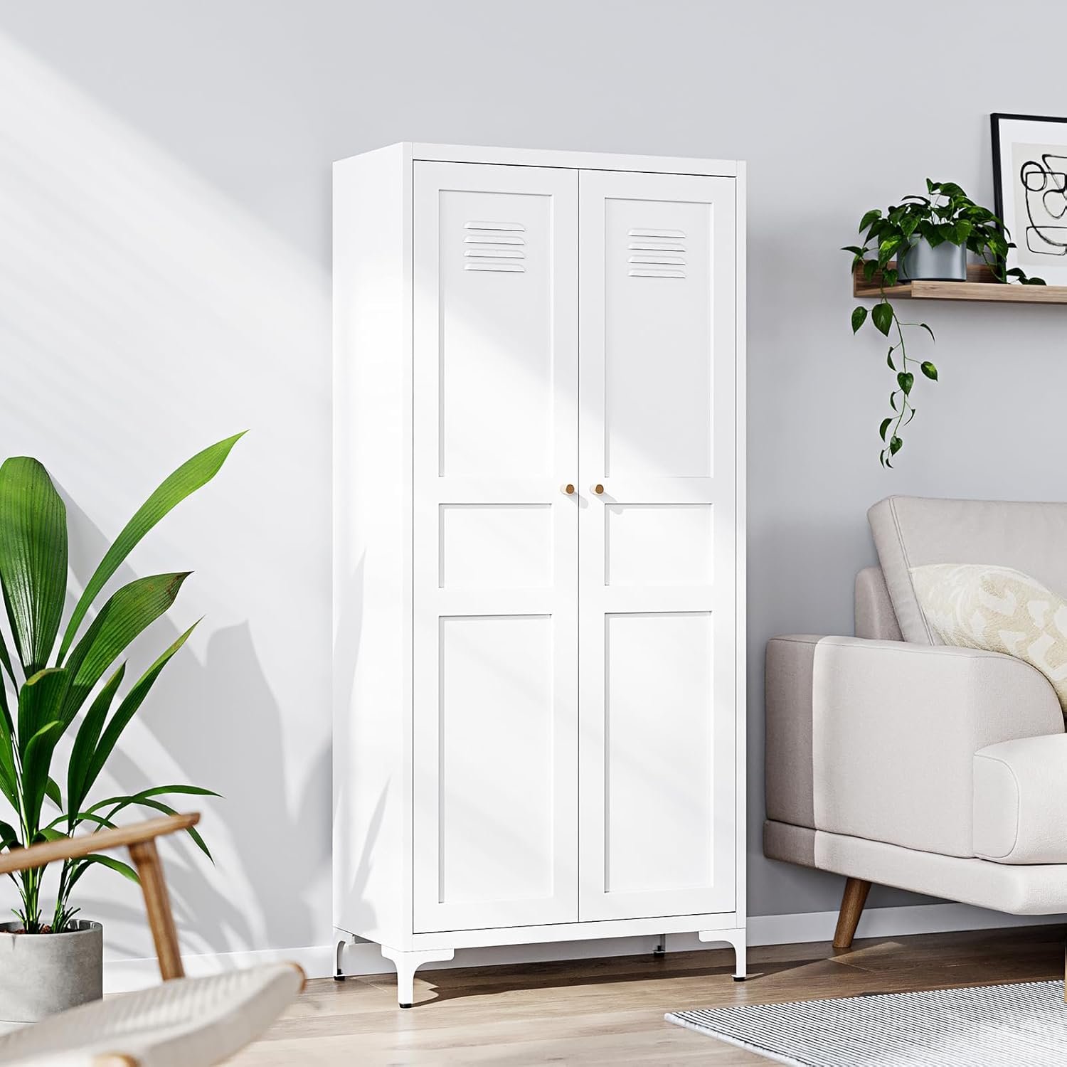 Yizosh Metal Storage Cabinet with 2 Doors and 4 Adjustable Shelves – 61″ White Kitchen Pantry Storage 5-Tier Tall Steel Cabinets Locker for Kitchen, Living Room, Dining Room