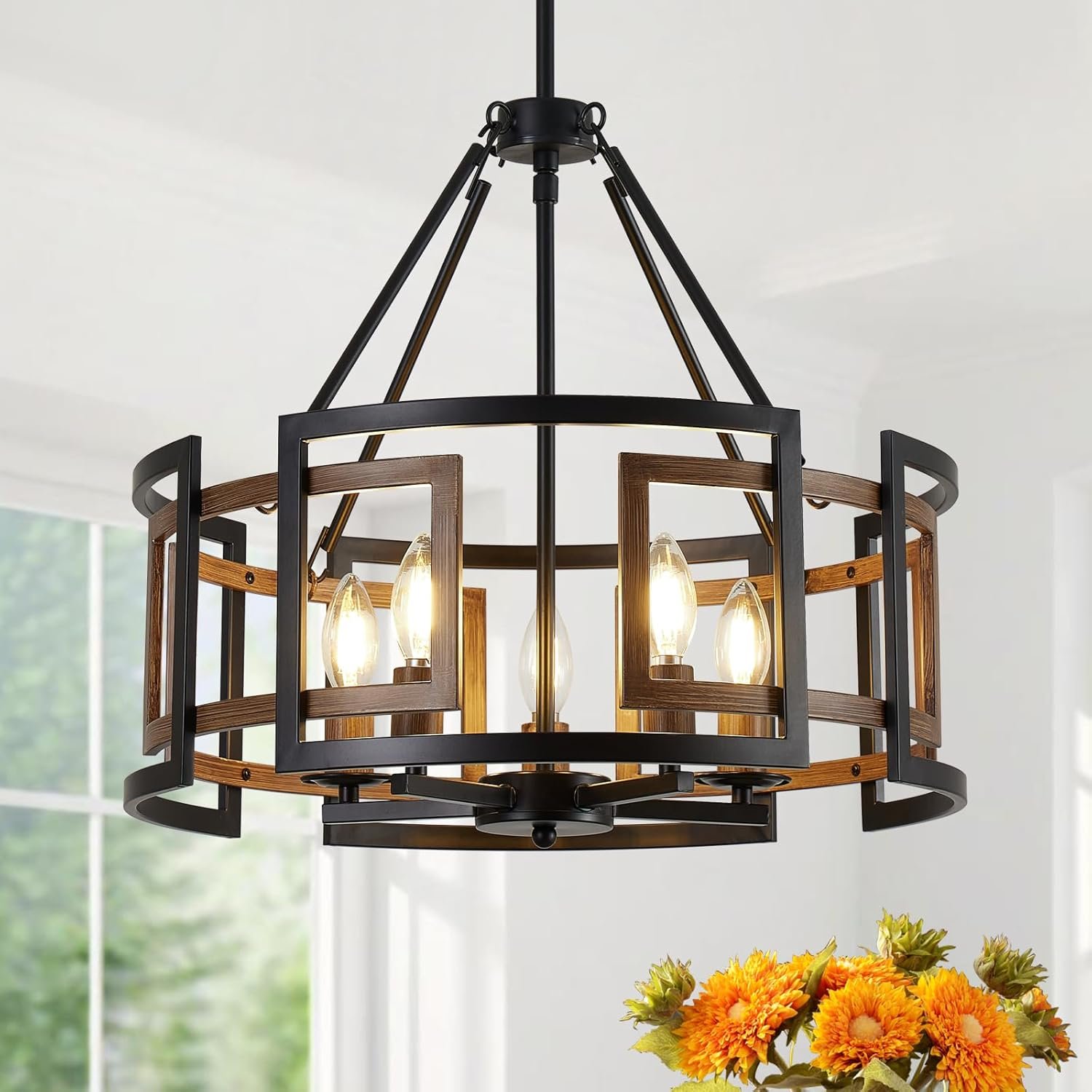 20″ Dining Room Light Fixture/Chandelier Over Table, 5-Light Black & Wood Grain Farmhouse Chandeliers for Dining Room, Industrial Metal Hanging Pendant Lights Fixture for Kitchen Island Foyer Entryway