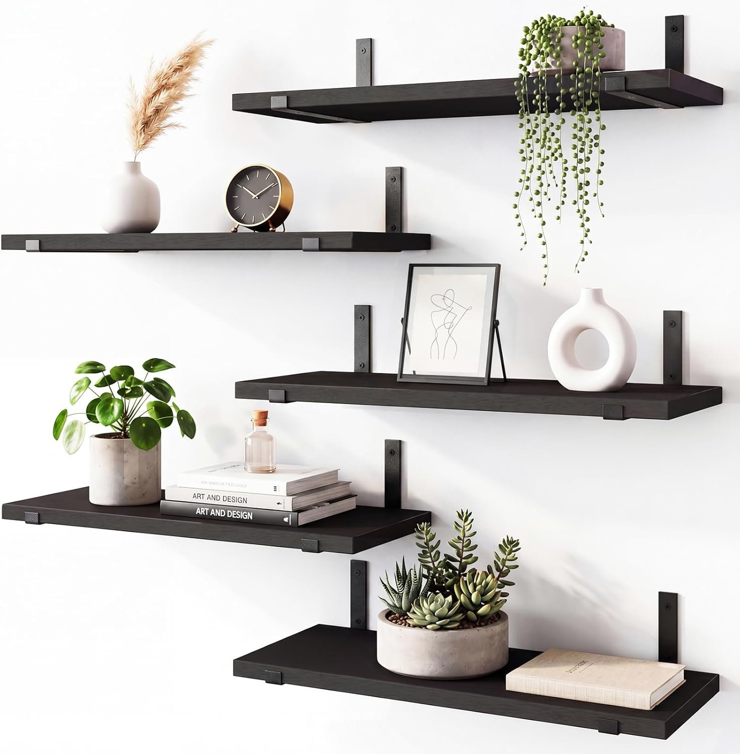Fixwal Floating Shelves for Wall, Black Shelves Wall Mounted, Rustic Wood Wall Storage Shelves for Bedroom, Living Room, Kitchen, Bathroom, Home Decor (Set of 5 Black)