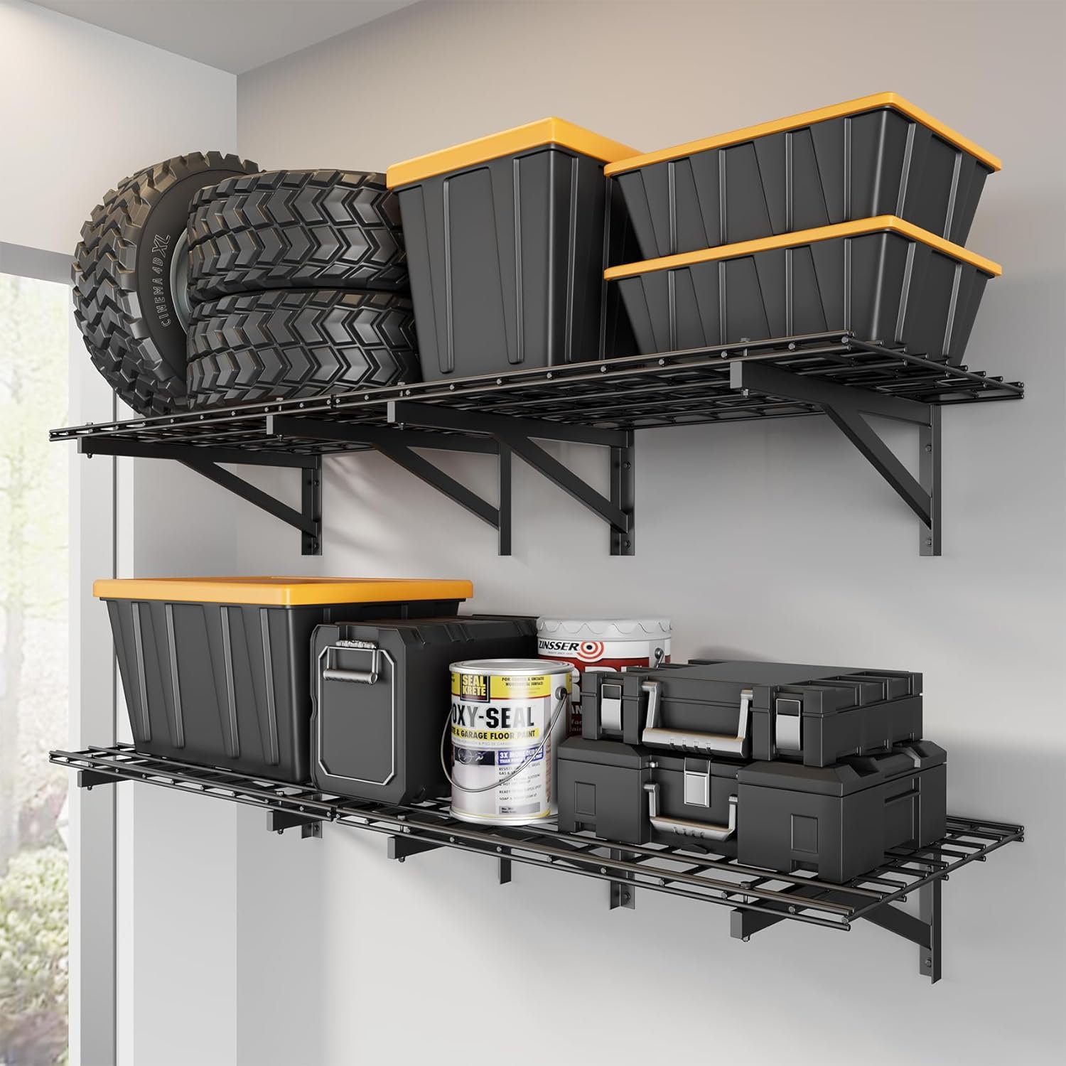 Jusgym 4 Pack Heavy Duty Garage Wall Shelving Set (2x3ft), Wall Mounted Garage Shelves 1400lbs Capacity, 24″x72″ Shelf Storage Rack Floating Shelves, Black