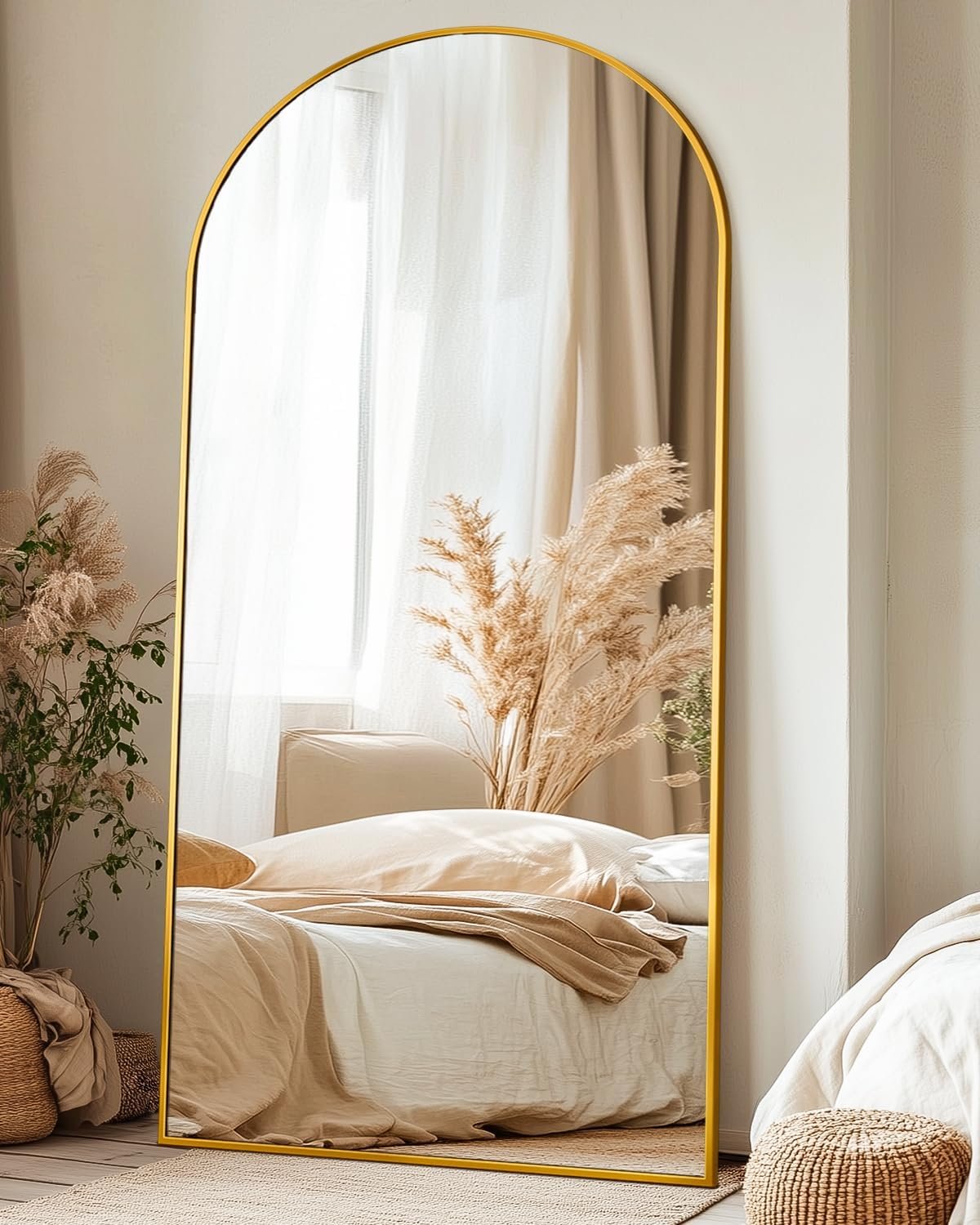 Suidia 76″x34″ Arched Full Length Mirror with Stand, Full Body Mirror with Aluminum Frame, Freestanding/Leaning/Wall-Mounted, Floor Mirrors for Bedroom, Living Room, Entryway, Dressing Room, Gold