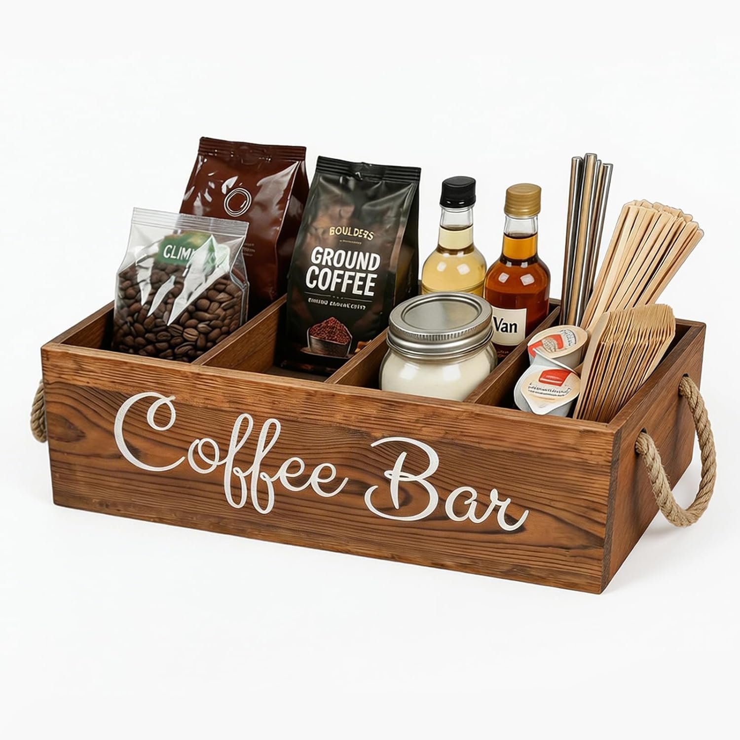 QUALLON Coffee Station Organizer with Small Removable Dividers, Wooden Coffee Bar Accessories Storage For Countertop, Farmhouse Kcup Coffee Pod Holder Basket With Handle For Coffee Lover