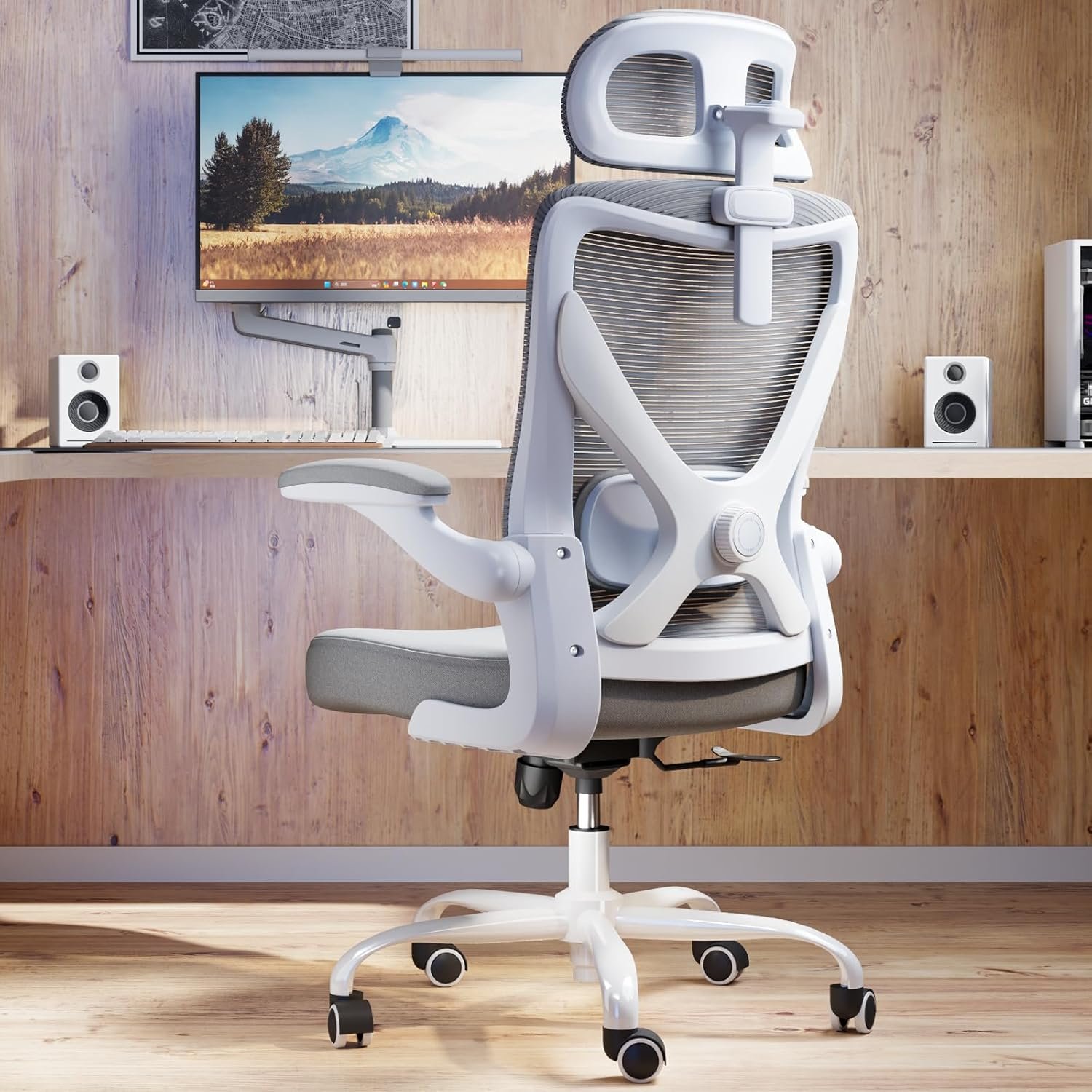 Ergonomic Office Chair: White Computer Desk Chair Comfy Gaming Chair for Adults – Office Chair with Lumbar Support & Headrest – Executive Office Rolling Chairs for Home Work (Grey)