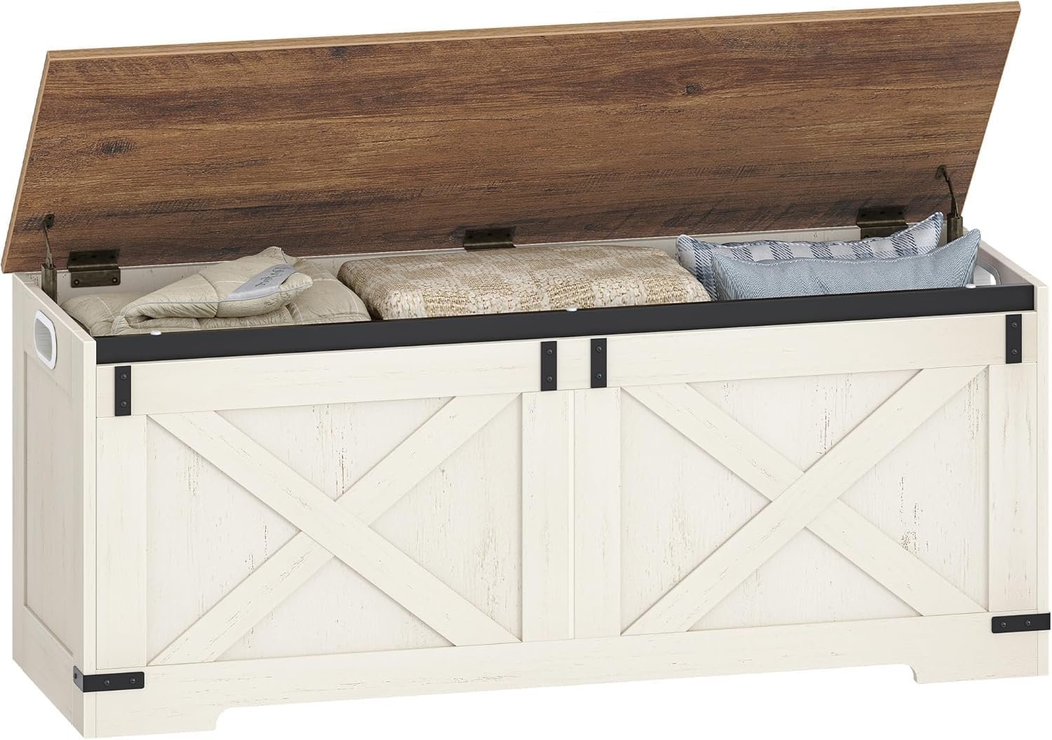 Hzuaneri 47.2″ Storage Chest, Large Storage Trunk with 2 Hinges, Farmhouse Wooden Box Bench, Lift-Top Organizer Chest, Entryway Trunk for Bedroom, Living Room, White and Brown SB12114X