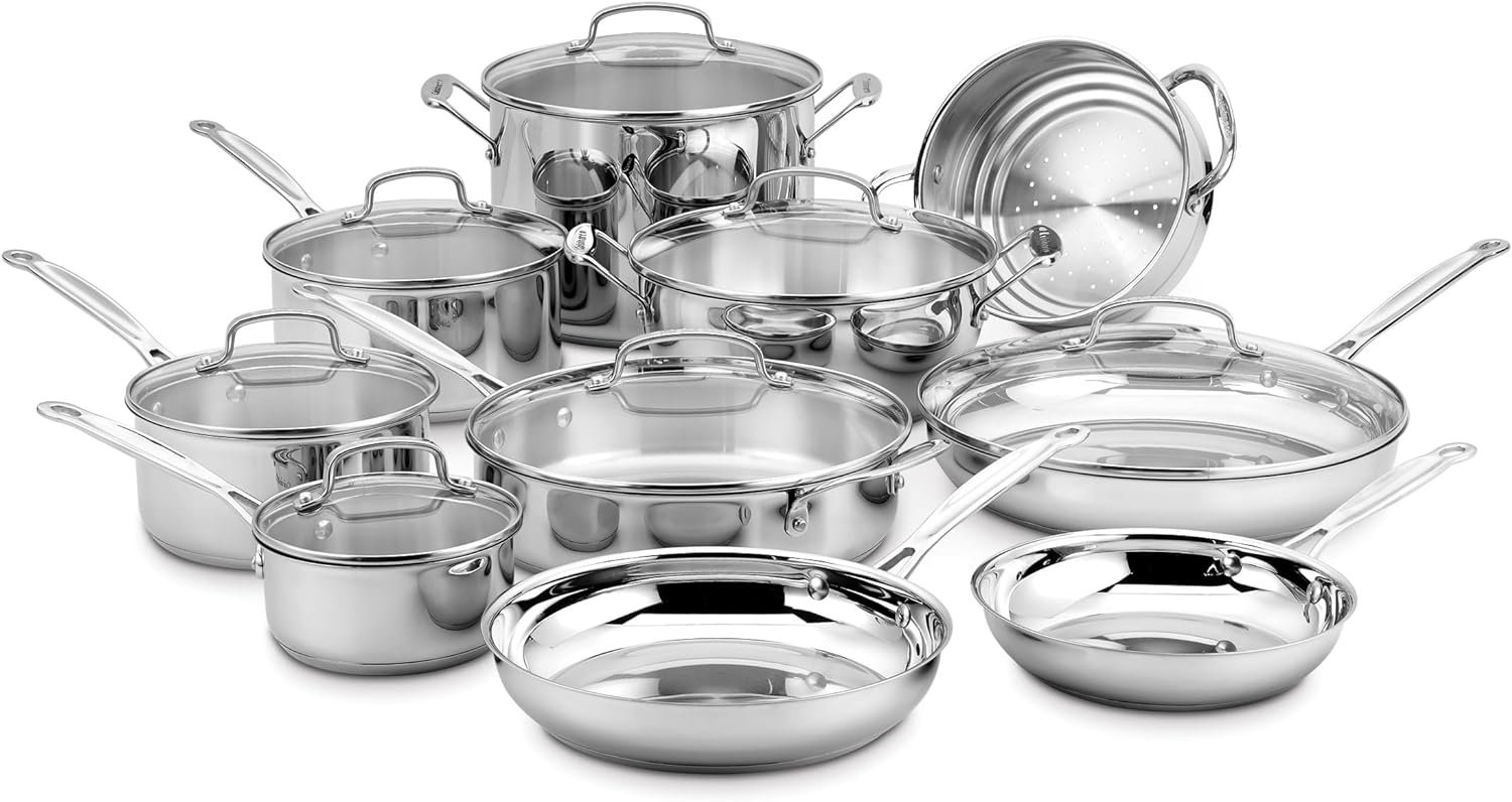 Cuisinart 17-Piece Stainless Steel Cookware Set, Chef’s Classic Steel Collection with Pure Aluminum Core for Quick and Even Heat, Cool Grip Handles, Dishwasher Safe, 77-17N