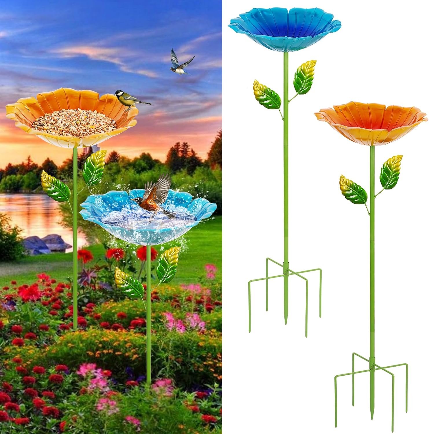 2 Pack Bird Baths for Outdoors, Colorful Metal Bird Bath for Outside, Hummingbird Bath with Five Stakes, Garden Flower Small Birdbath for Garden Decor, 31.3″ H x 10.63″ Dia (Blue,Yellow)