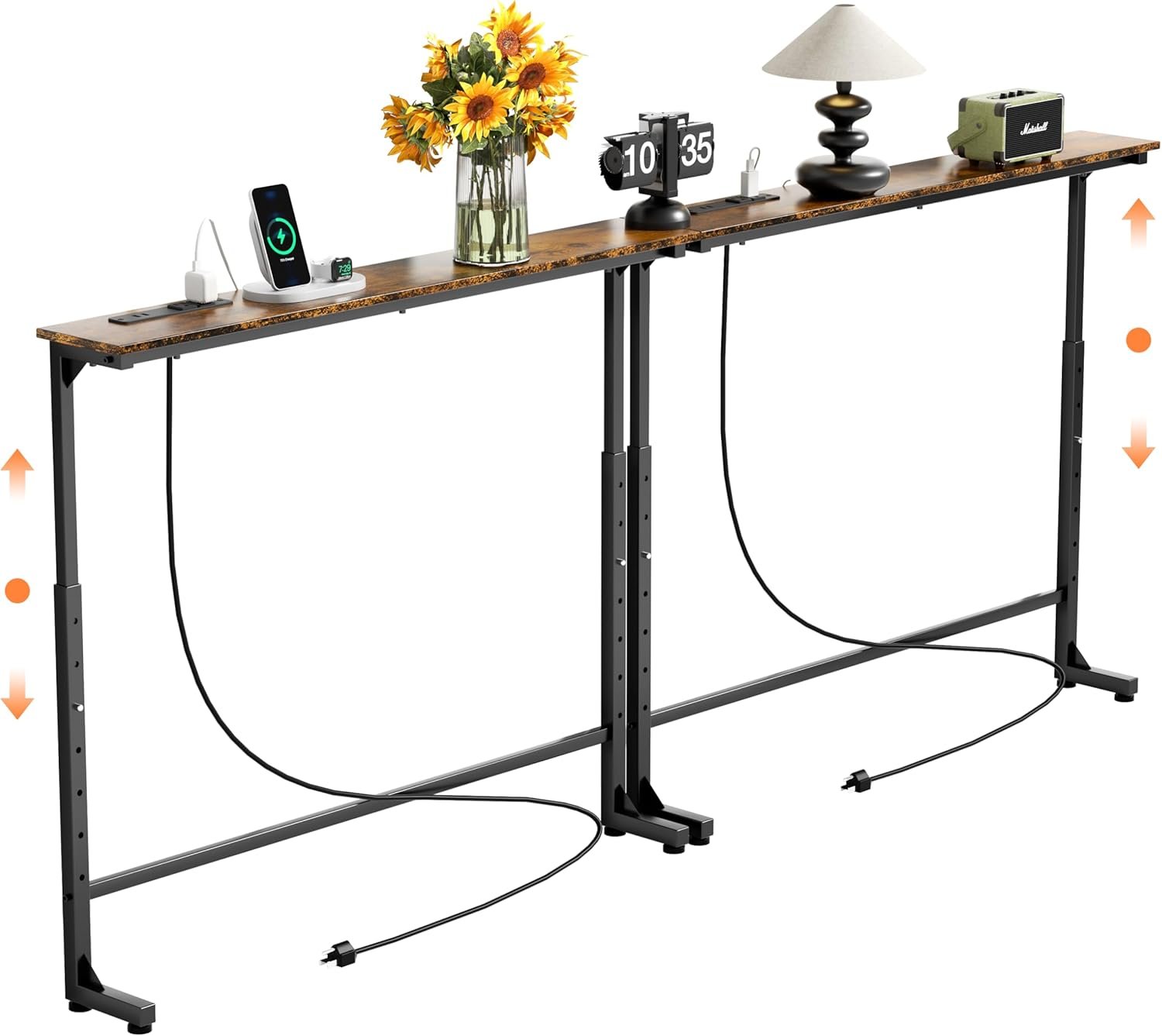 GRLEAF 2 Pack Adjustable Height Narrow Console Table with Power Outlets, 78.7″ Long Sofa Table with Charging Station Behind Couch Table Entryway Table for Living Room and Hallway – Rustic Brown