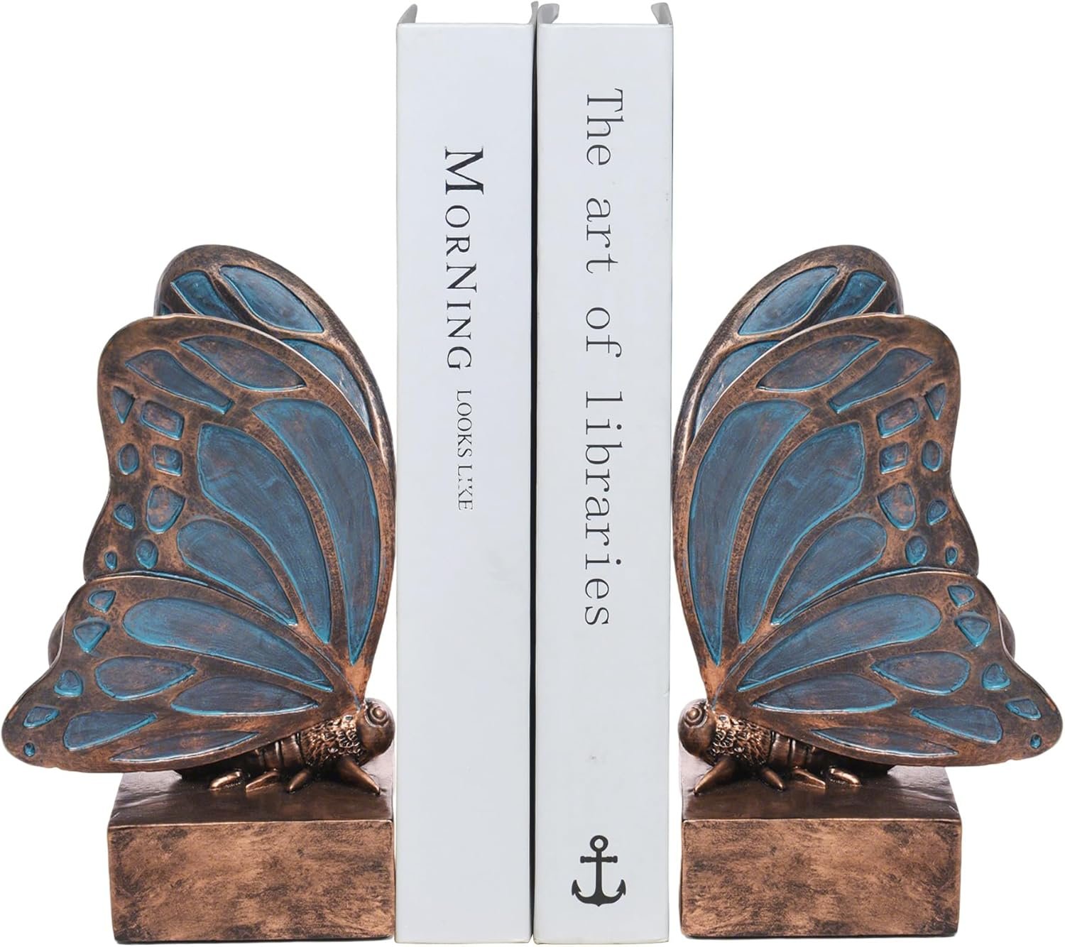 Vintage Blue Butterfly Bookends,Resin Book Ends for Shelves,Heavy Duty Decorative Bookends,Creative Book Stopper Holder Decor for Desk Home Office,Shelf Decoration,Gifts for Mother’s Day