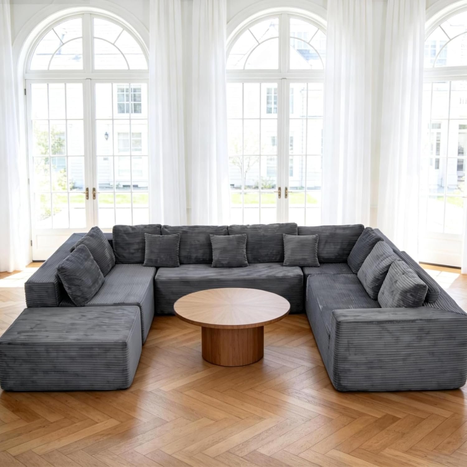 136″ U-Shaped Oversized 8 Seater Sectional Sofa, Boneless Modular Couch for Living Room with Soft Corduroy, Deep Seats, High Backrest & Headrest, No Assembly, Grey