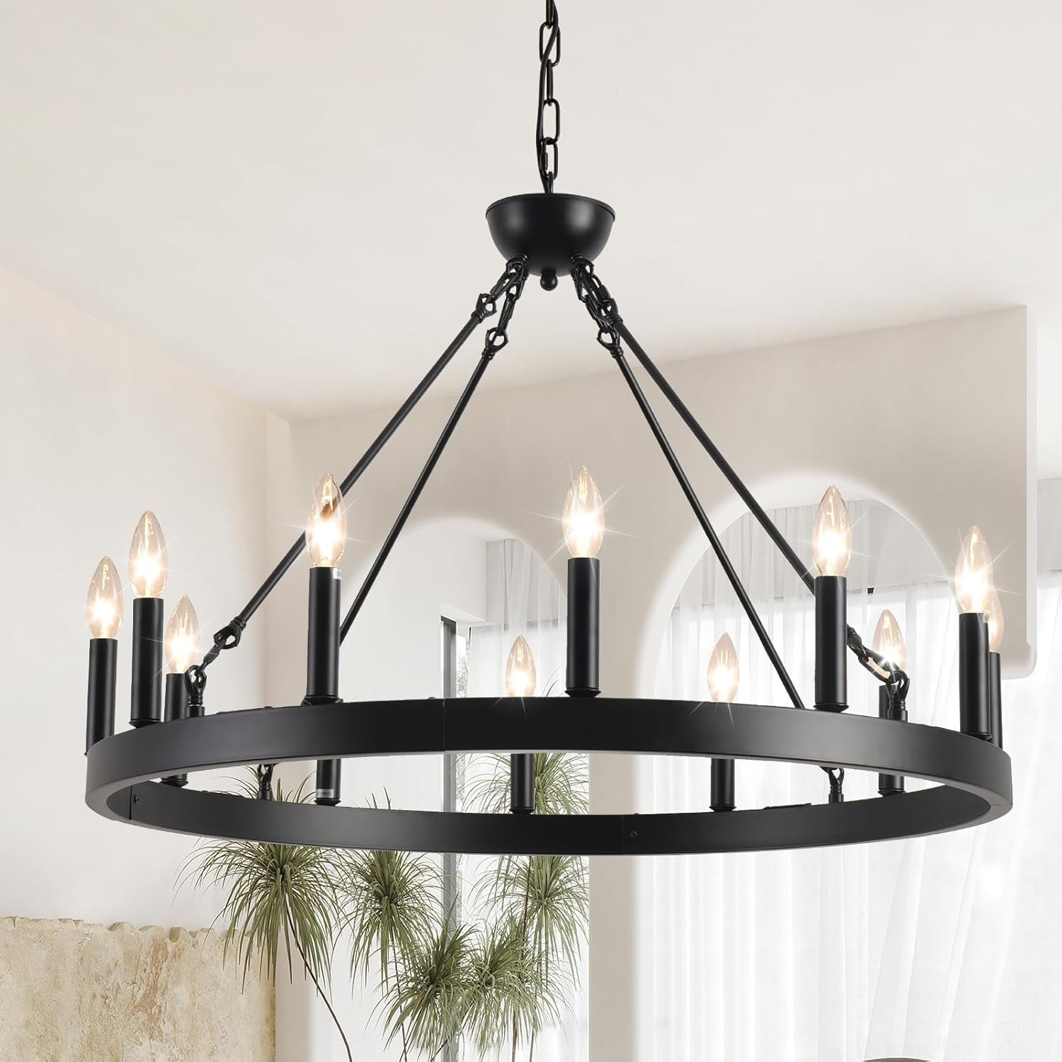 Wagon Wheel Chandelier 32″ 12-Light, Round Black Chandeliers Farmhouse Modern Wagon Wheel Light Fixtures, for High Ceiling Dining Living Room, Foyer, Entryway