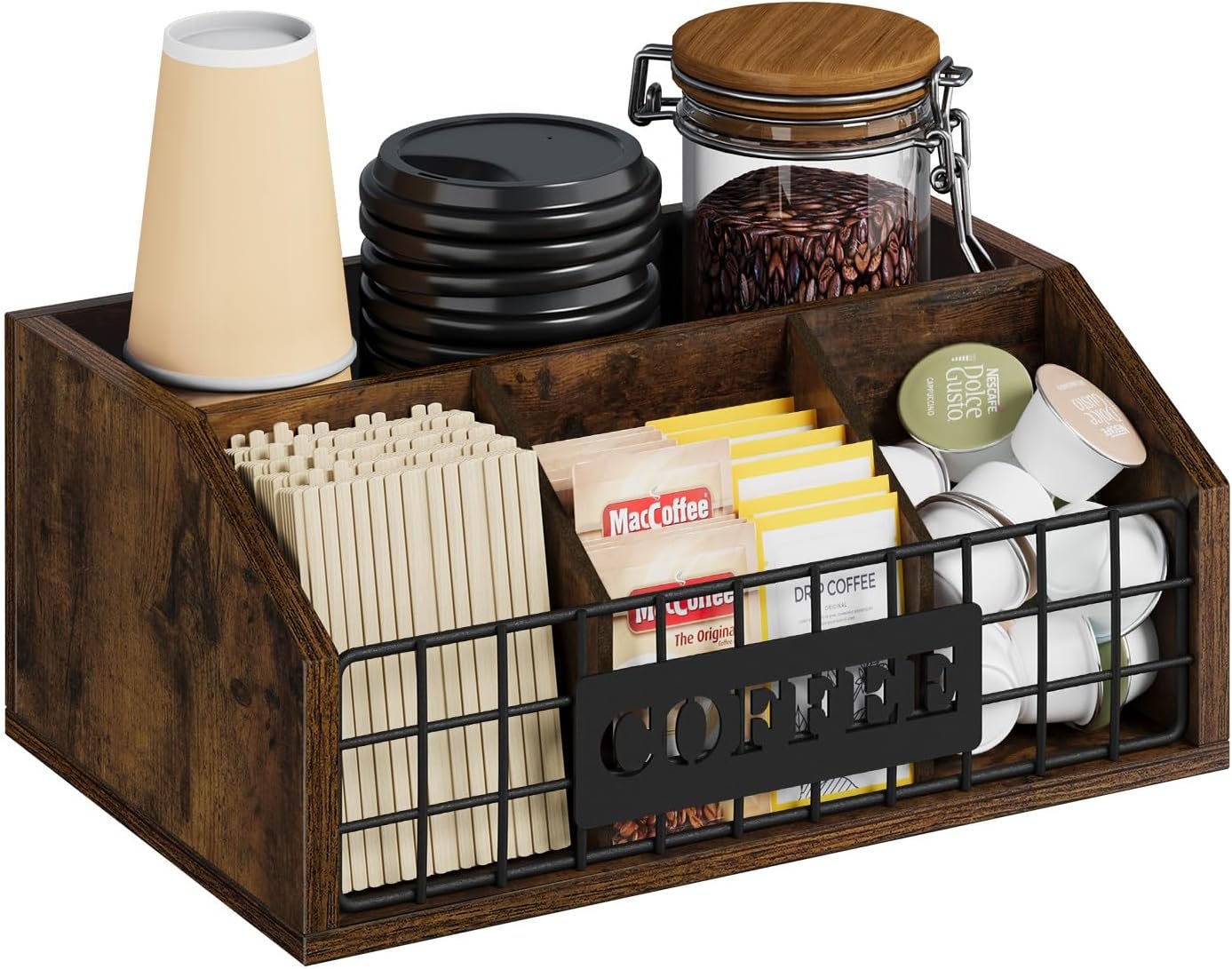 YINMIT Coffee Station Organizer for Countertop, Wood Coffee Bar Organizer with Removable Dividers for Pods, Syrup, Cups, Stirrer, Tea – Office Bar Accessories, Iron Wire-Vintage Brown