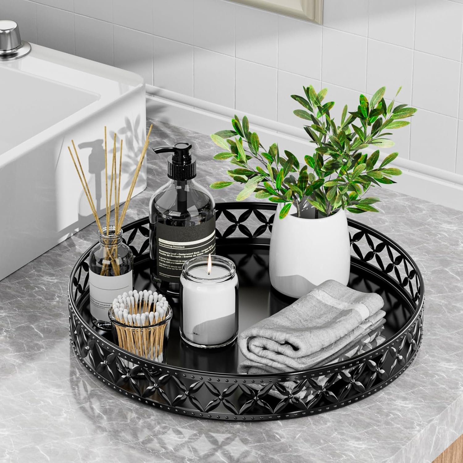 Vanity Tray for Bathroom Counter – 11 Inch Black Decorative Tray Bathroom Counter Tray Organizer for Perfume Cosmetics Jewelry Makeup