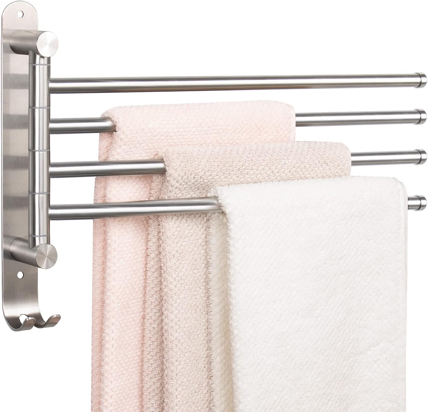 NearMoon Swivel Towel Rack, 13.8″ Thicken 304 Stainless Steel 4-Arm Towel Bar, Space Saving Wall Mounted Towel Holder with Hook, Rustproof Swing Out Towel Hanger for Bathroom, Kitchen (Brushed Nickel)