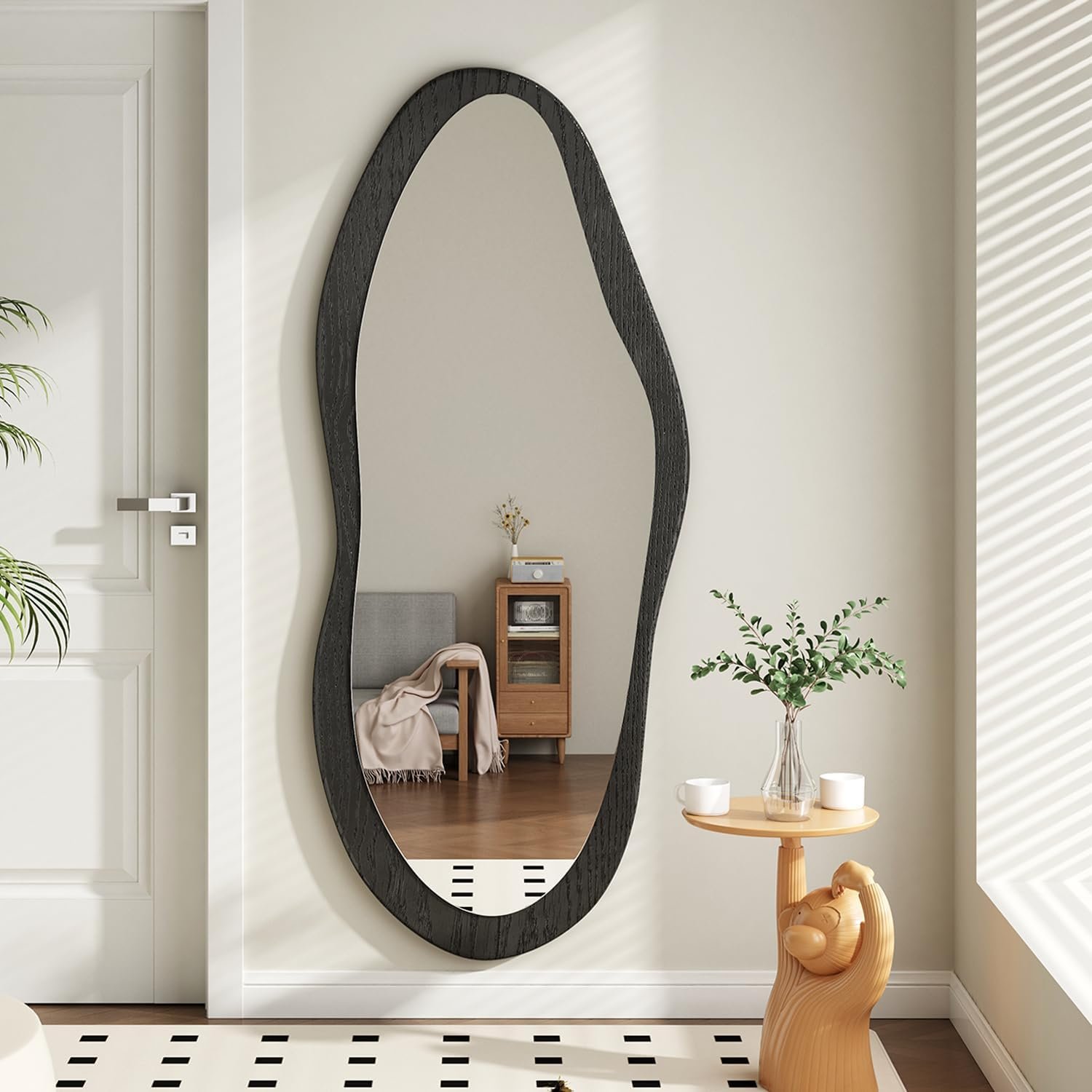 AAZZKANG Irregular Wall Mirror Full Length with Wood Framed Large 47″x20″ Black Asymmetrical Full Body Mirrors for Bedroom Living Room Entryway