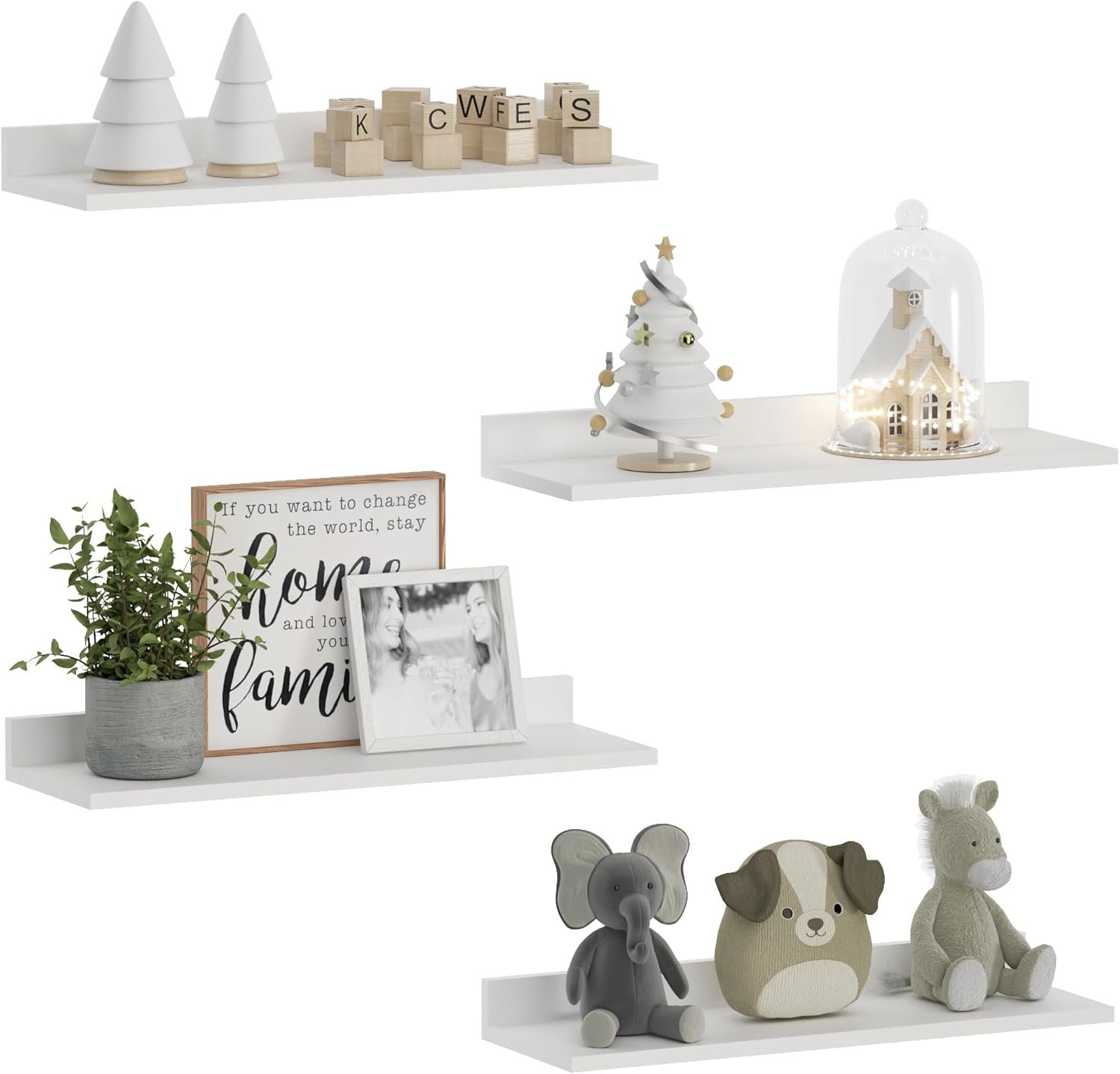 WOPITUES Floating Shelves, Wall Mounted Shelves for Room Decor, Modern Display Shelf for Bedroom, Sturdy Bathroom Storage Shelves, Book Shelves for Living Room, White Small Corner Shelves, Set of 4