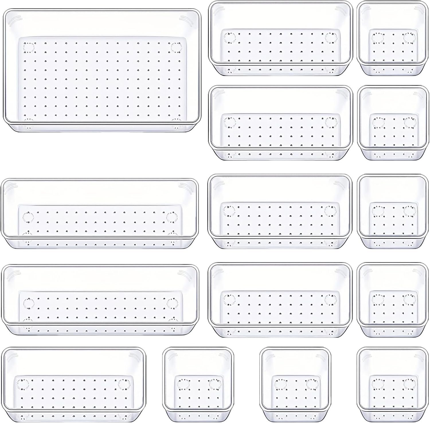Manalete Drawer Organizers Set of 15, 4 Sizes Clear Plastic Drawer Organizers and Storage Bins for Kitchen, Bathroom, Office, Dresser Desk Drawer Organizer Tray for Jewelry, Makeup, Junk, Gadgets