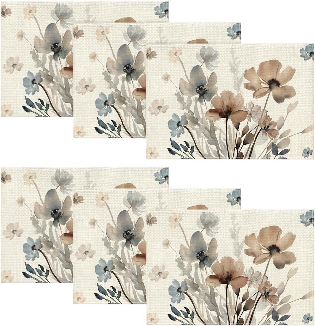 Artoid Mode Brown Poppy Floral Leaves Placemats Set of 6, 12×18 Inch Seasonal Summer Table Mats for Party Kitchen Dining Decoration