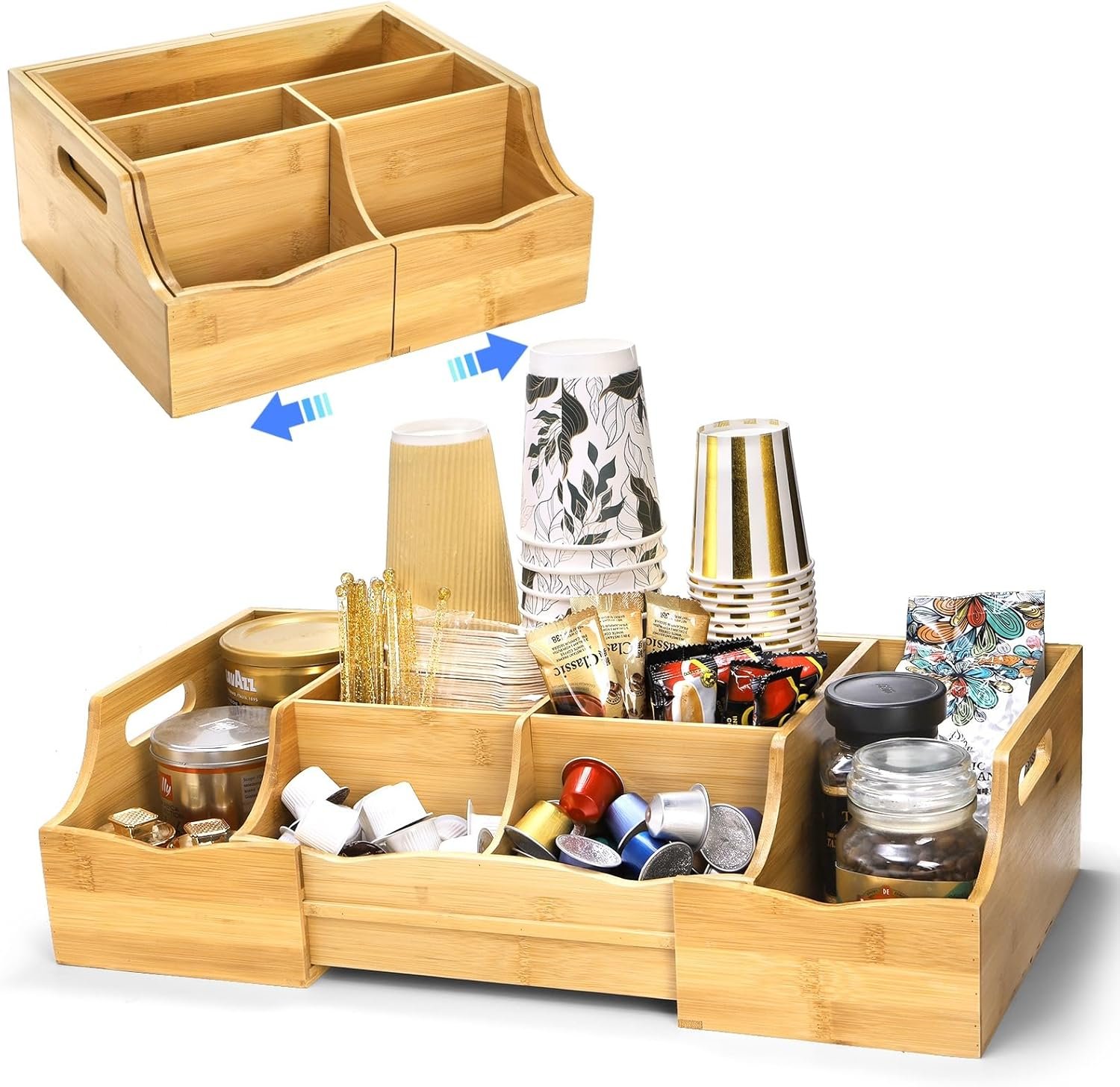 WRINGKIT Coffee Station Organizer for Countertop, Bamboo Coffee Bar Condiment Organizer, Extendable Tea Condiment Storage for Bar Decor, Kitchen, Office, 7 Compartment
