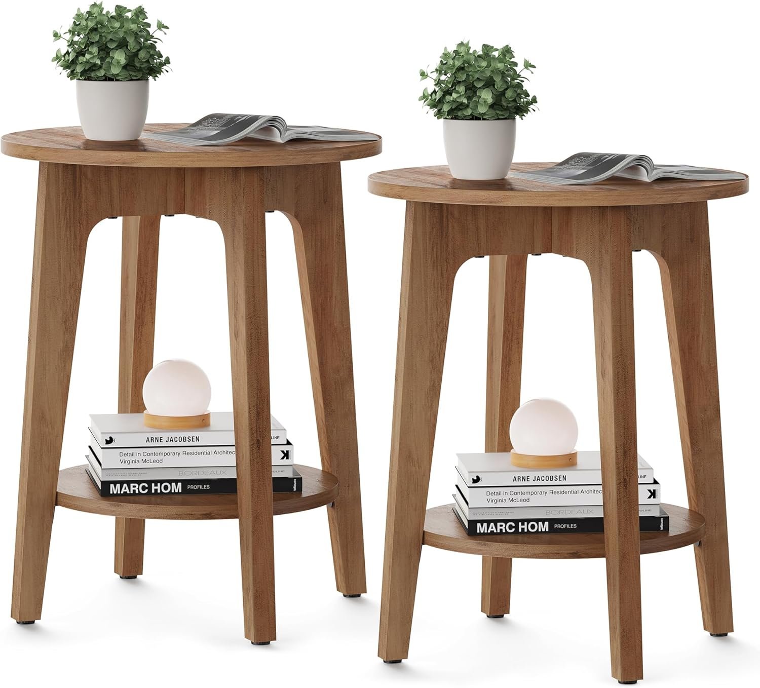 VASAGLE MAEZO Collection – Set of 2 Side Tables, 2-Tier Small Round End Tables, Nightstands with Tapered Legs, Curved Transitions, for Small Spaces, Living Room, Bedroom, Honey Brown ULET289K01