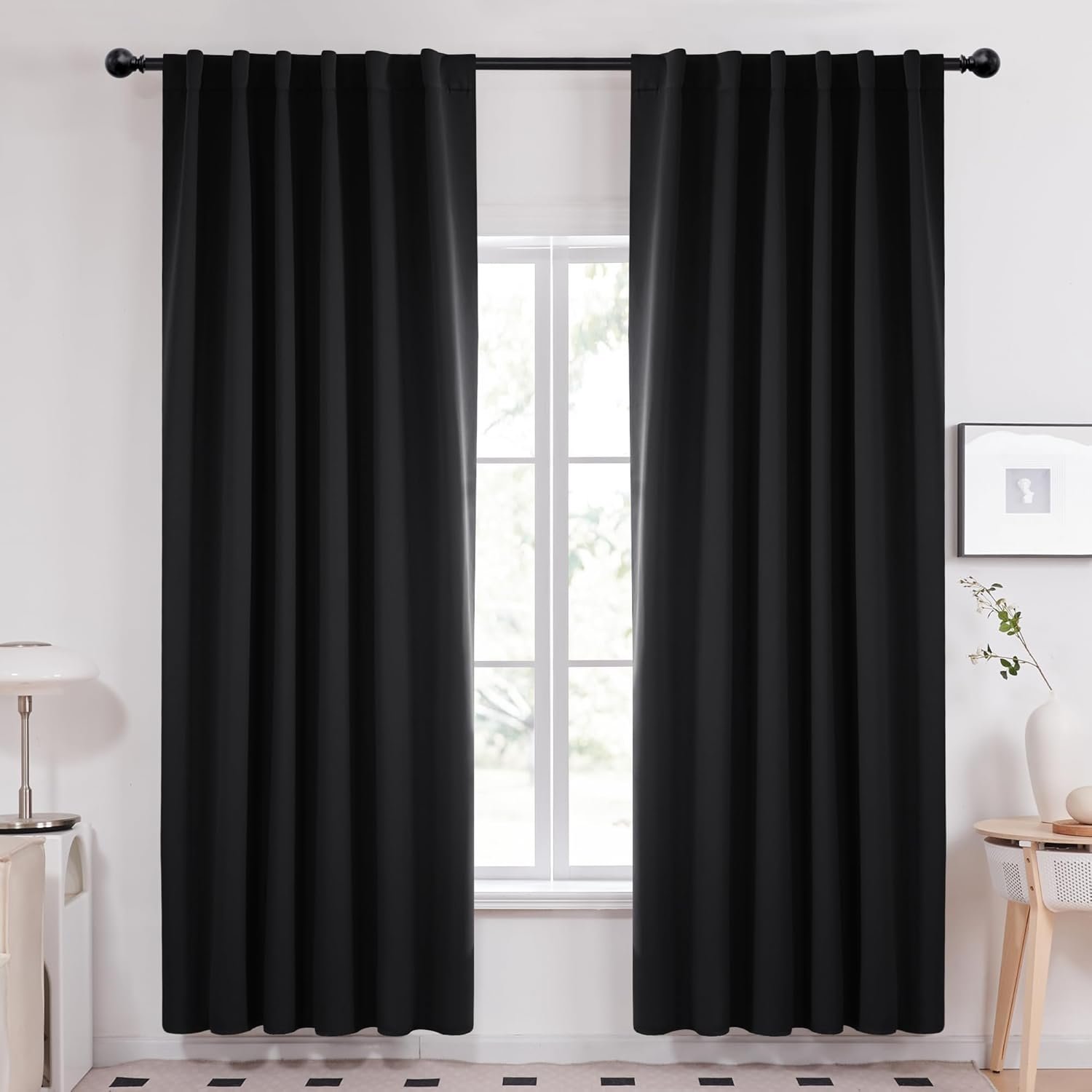 Deconovo Blackout Curtains 84 Inches Long, Black Blackout Curtains for Bedroom – 2 Panels, 52×84 Inch, Room Darkening Curtains for Living Room, Back Tab and Rod Pocket Black Curtains