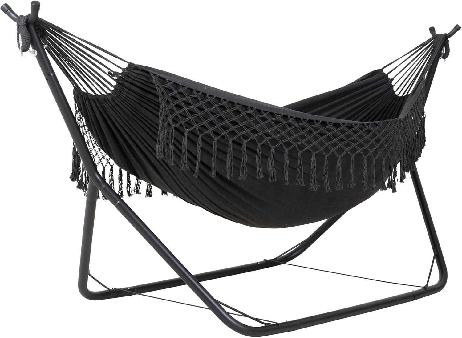 ANOW Two Person Hammock with Stand for Outside, Space Saving Hammock Stand with Adjustable Height, 475 Lbs Capacity, Dark Gray with Tassels