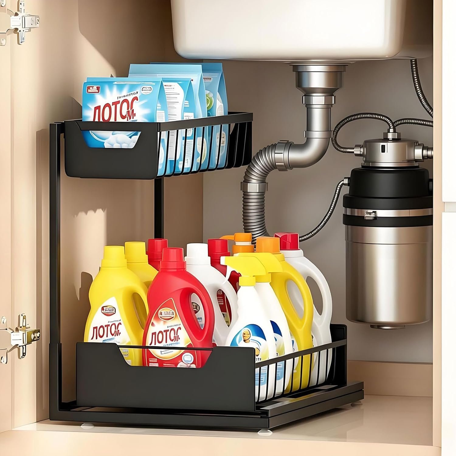 Ceetug Under Kitchen Sink Organizers and Storage Pull Out 2 Tier Metal Bathroom Cabinet Organizer (Black, 1 Pack)