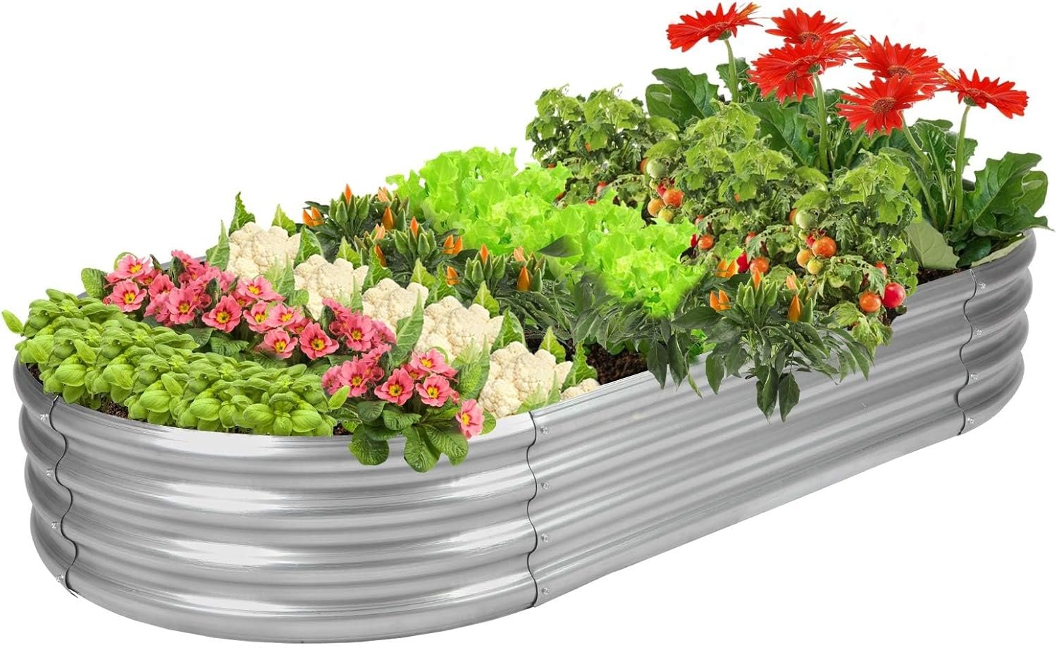 Rakukiri Raised Garden Bed GRS Certified Galvanized Planter Box Outdoor, 5ft Oval Rot-Resistant Metal Garden Bed Planter, Recycled Material Planter for Vegetables Flowers Herbs (Silver)