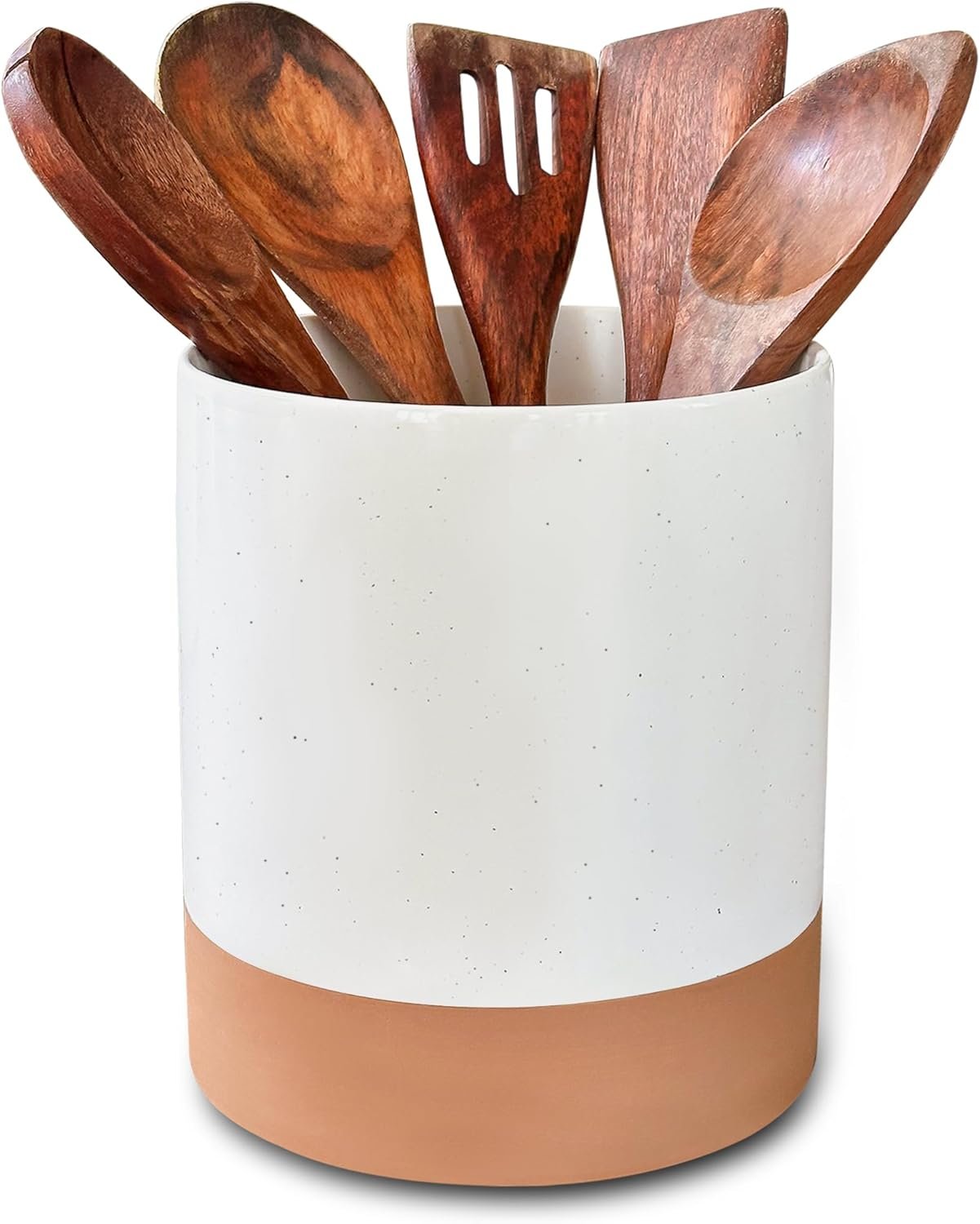 Mora Ceramic Kitchen Utensil Holder – Wooden Spoon & Spatula Crock for Countertop, Modern Farmhouse Home Decor, Extra Large 7.3″ Cooking Organizer for Stove Top and Counter – Heavy & Sturdy – Vanilla
