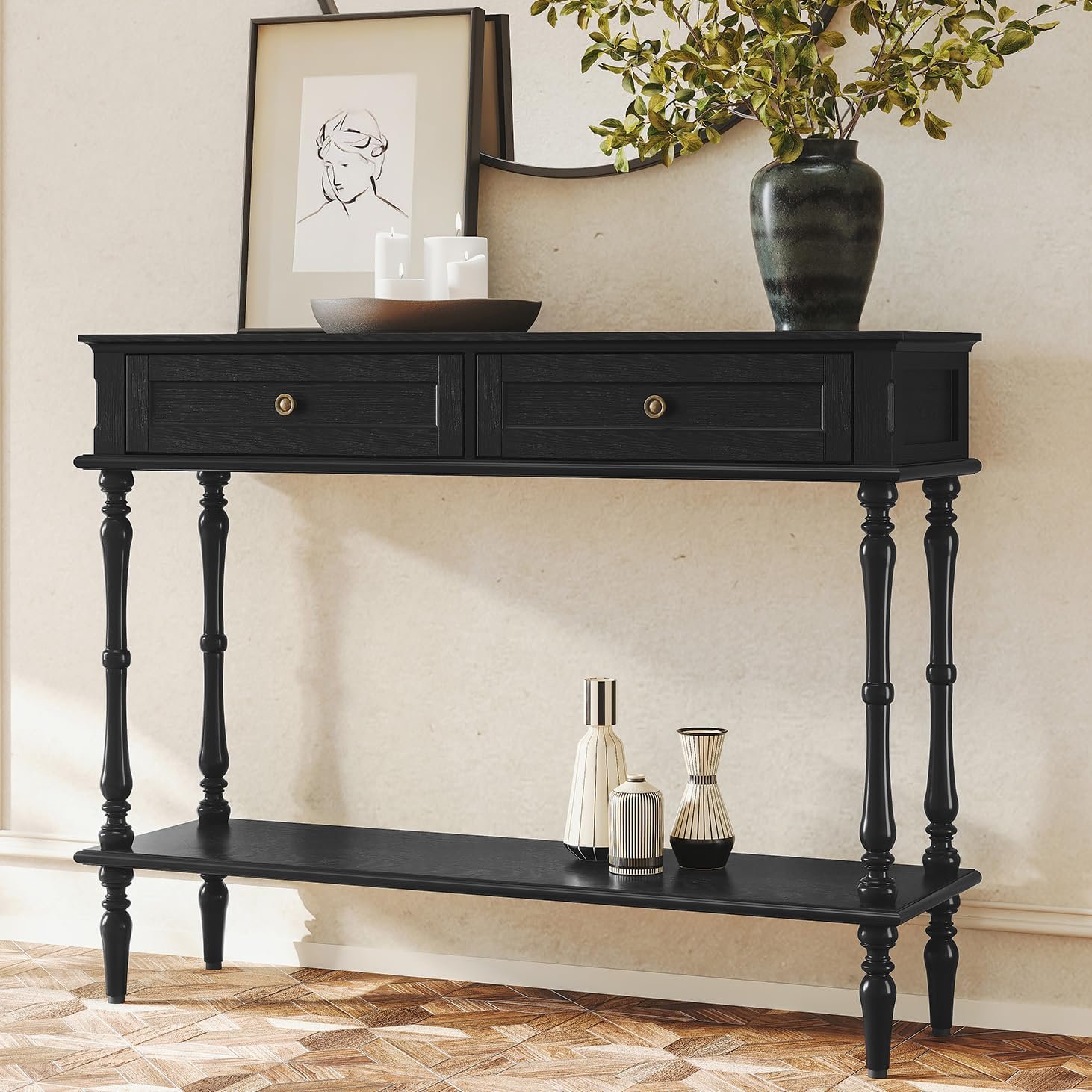 ARTPOWER Console Table for Entryway with 2 Drawers-Minimal Assembly,Black Retro Entryway Table with Storage Cabinets and Open Shelf,Narrow Long Couch Table Behind Sofa for Living Room,Foyer,Hallway