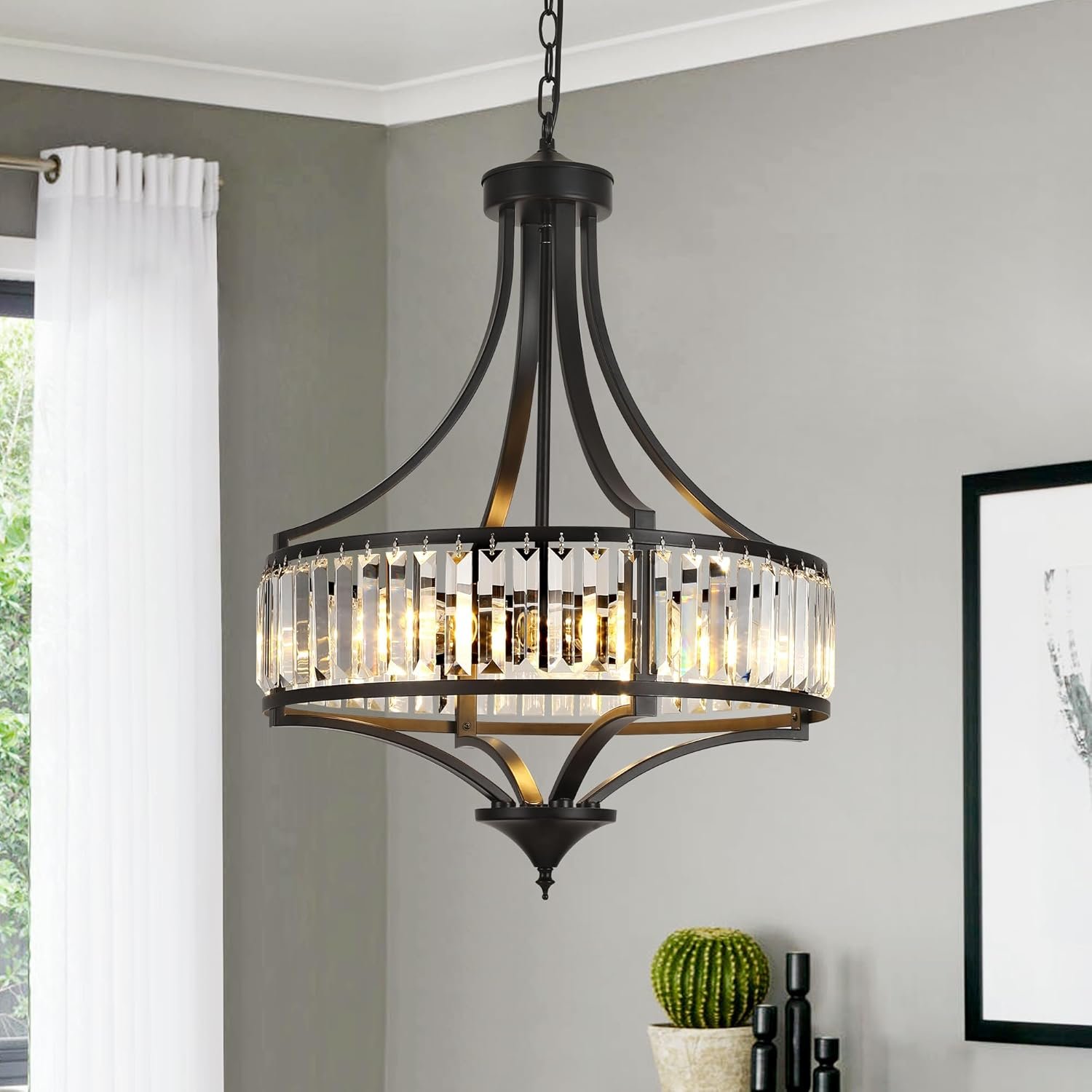 CNRATYE 20″ Modern Farmhouse Crystal Chandeliers for Dining Room, 5-Light Black Antique Pendant Chandelier, Contemporary Hanging Light Fixture for Living Room Bedroom Foyer Kitchen Island Entryway
