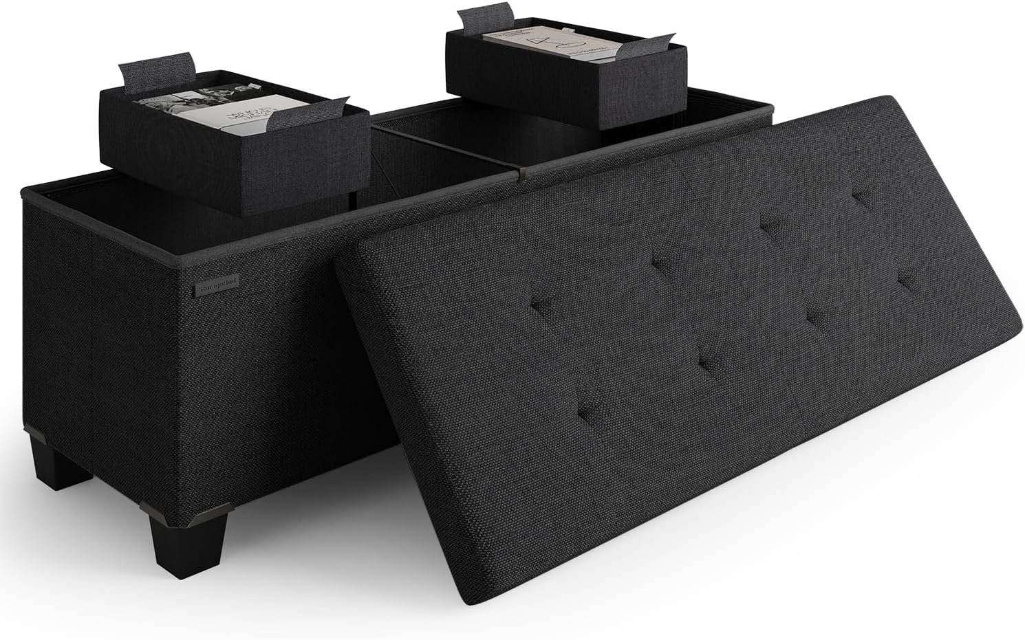 Storage Ottoman Bench with Bins, 43-in Storage Bench for Bedroom End of Bed, Folding Foot Rest Ottoman for Living Room Max 660lbs, Fabric Ottomans, Black